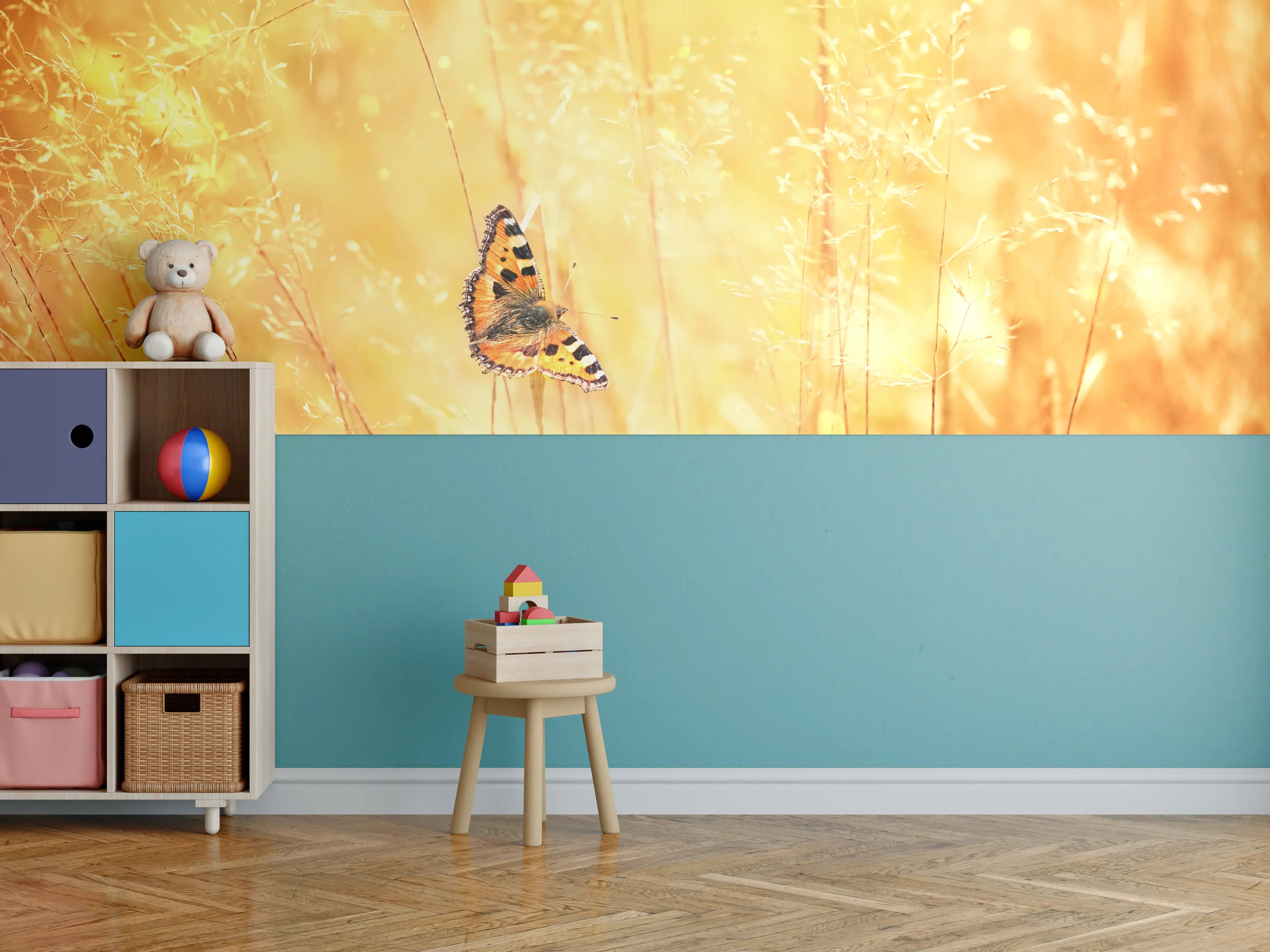 Kinderzimmer Wandgestaltung - Goldener Sonnenuntergang mit Schmetterling