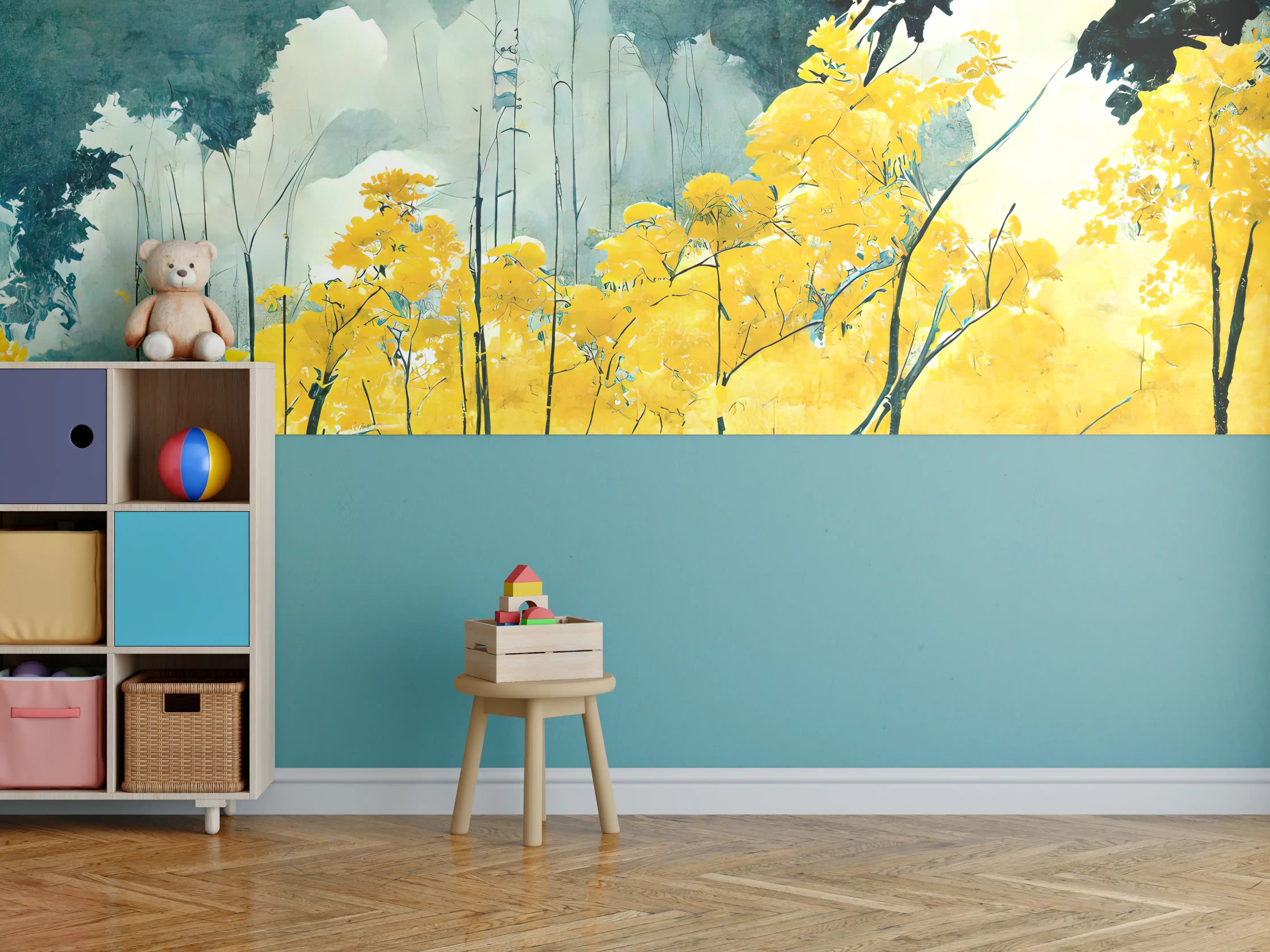 Kinderzimmer Wandgestaltung - Goldenes Herbstlaub in Waldlandschaft