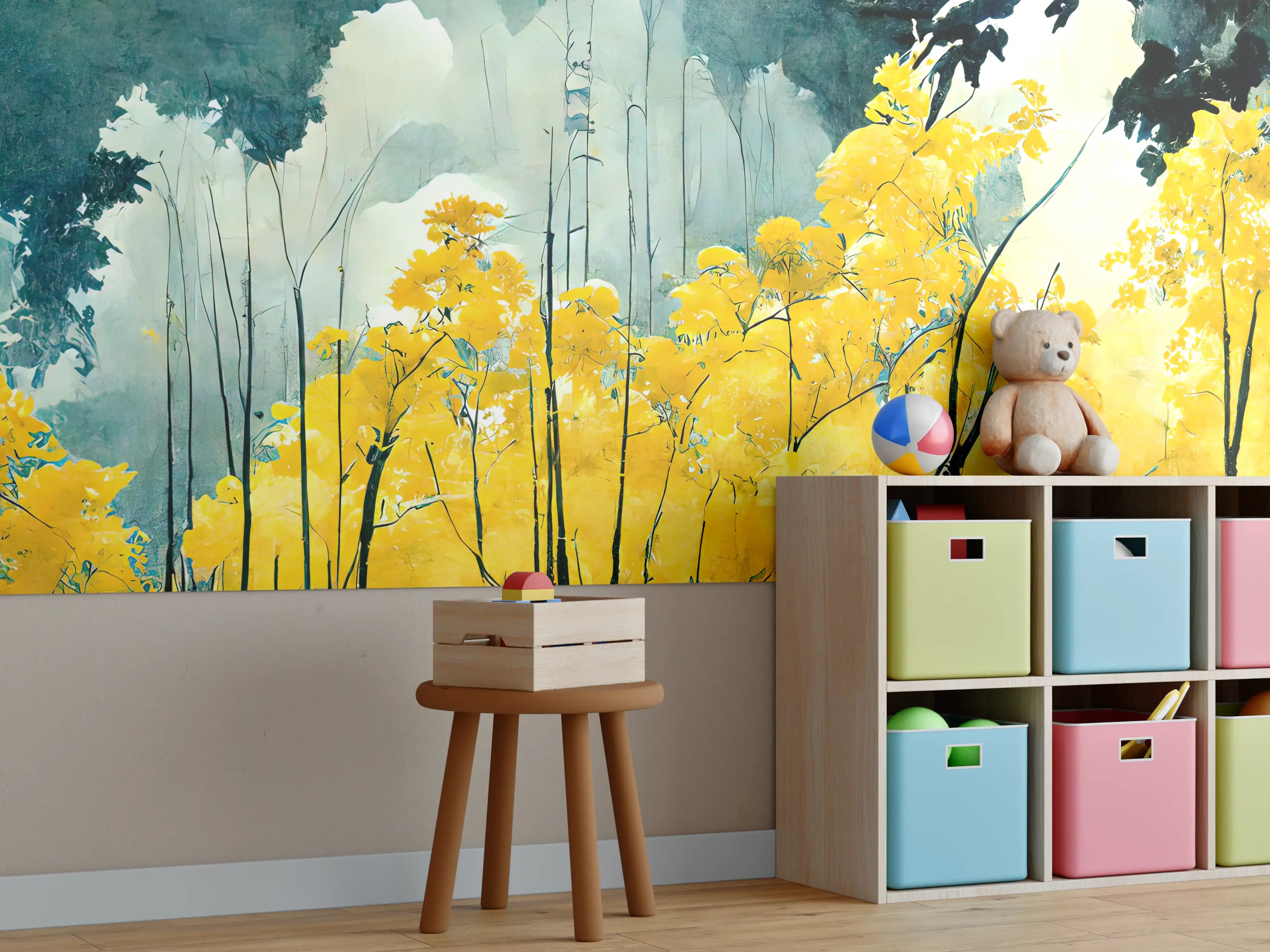 Kinderzimmer Wandgestaltung - Goldenes Herbstlaub in Waldlandschaft