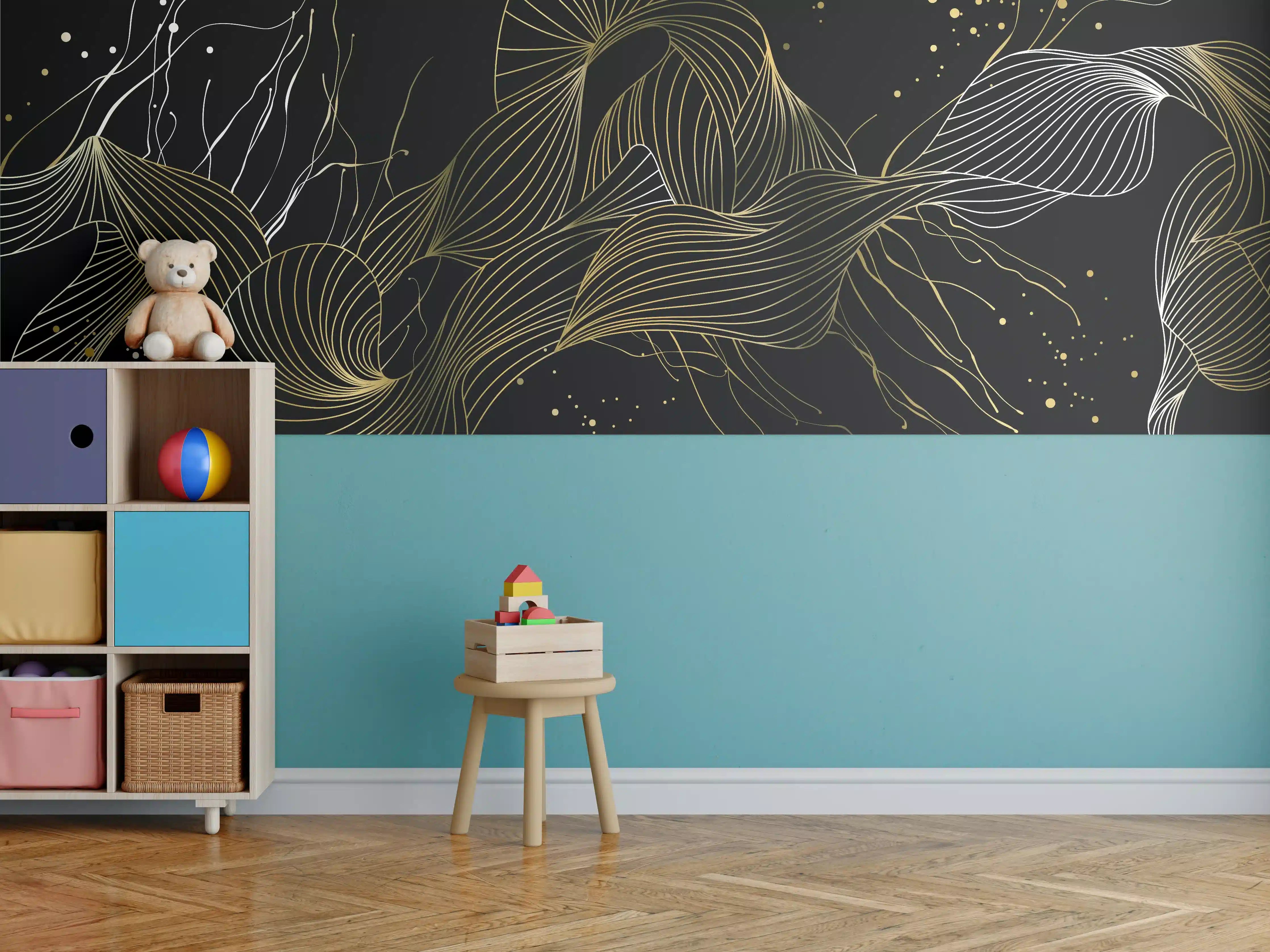 Kinderzimmer Wandgestaltung - Goldenes Linienmuster auf Schwarz