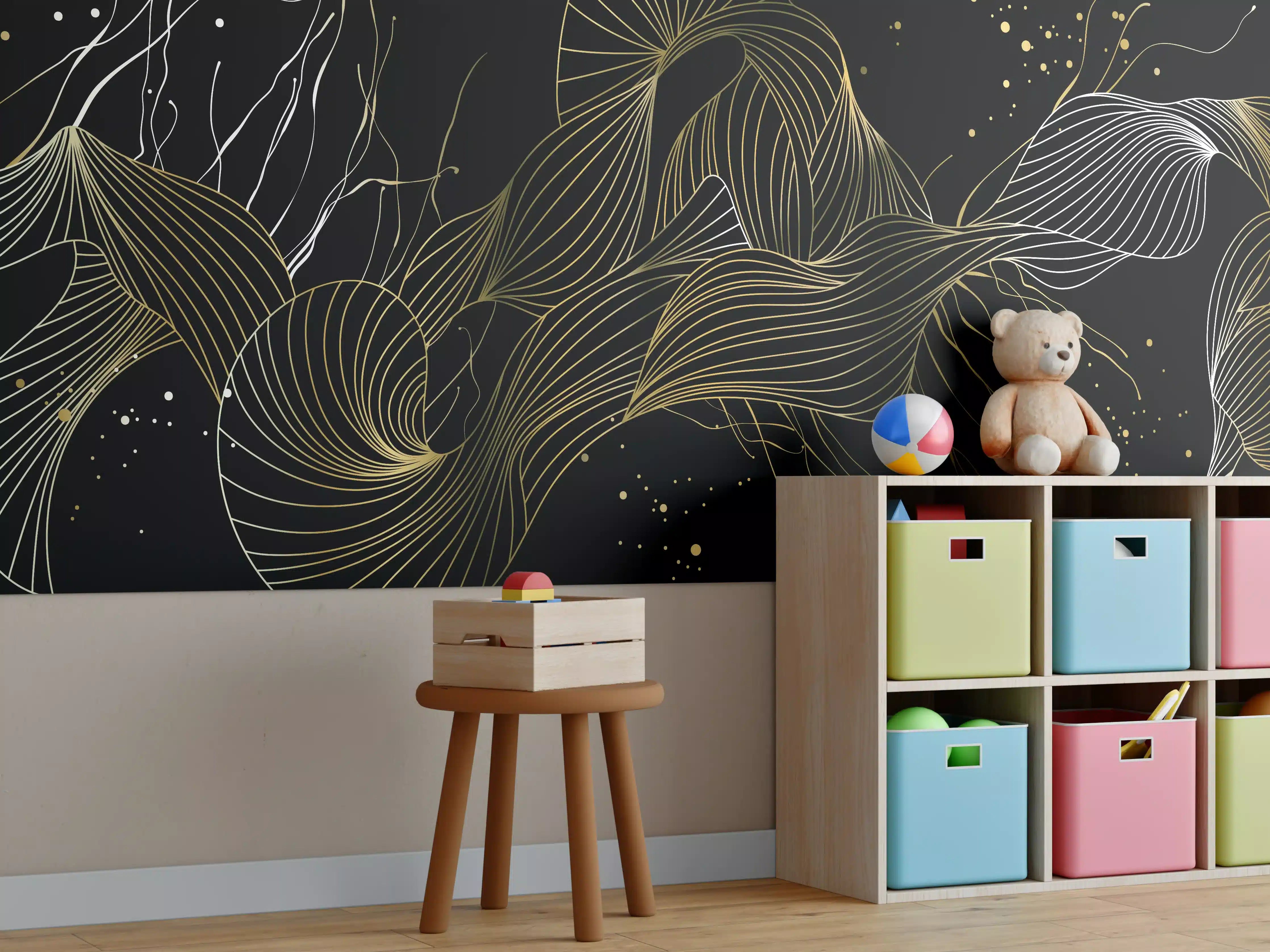 Kinderzimmer Wandgestaltung - Goldenes Linienmuster auf Schwarz