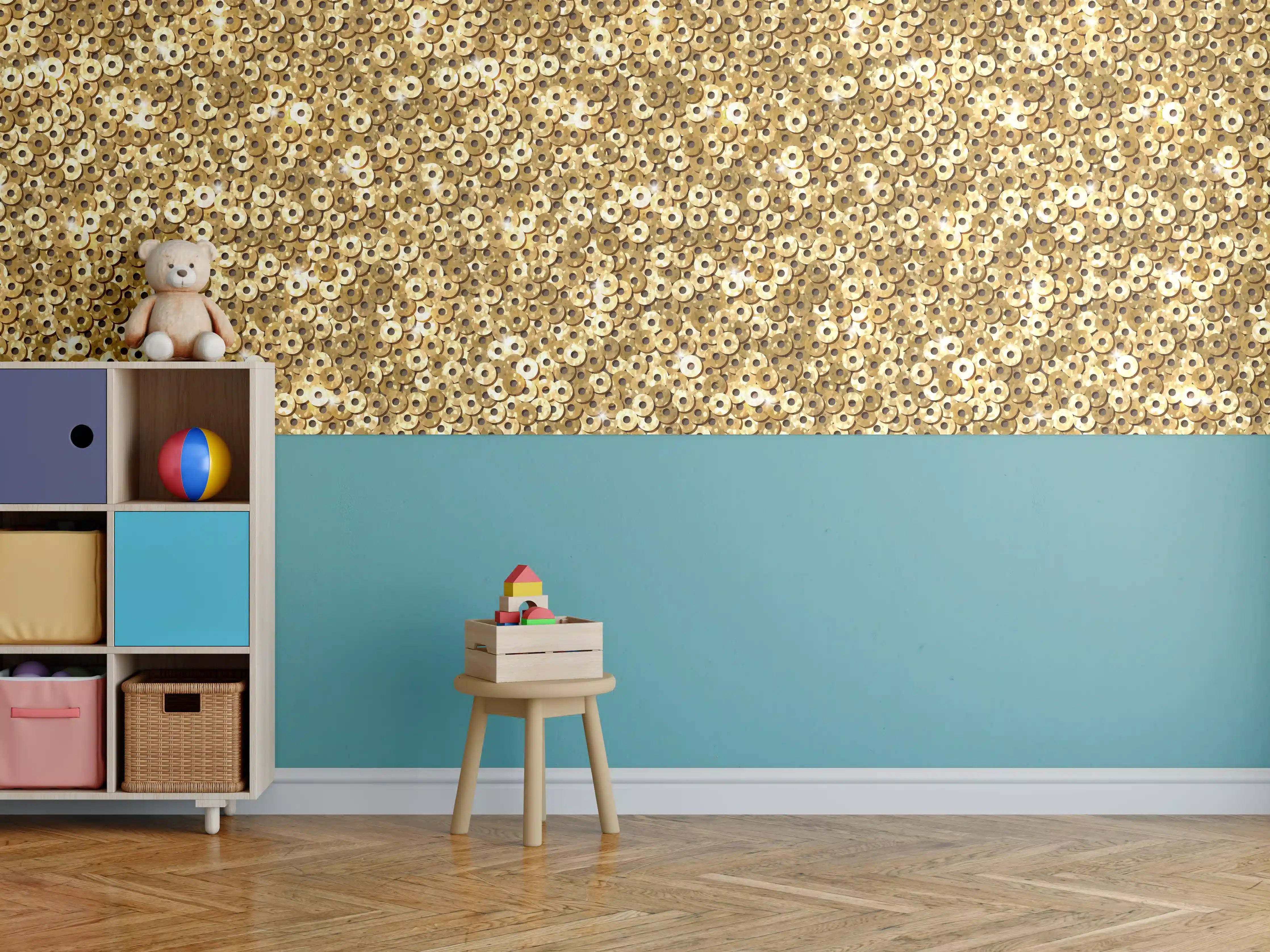 Kinderzimmer Wandgestaltung - Goldenes Pailletten-Muster