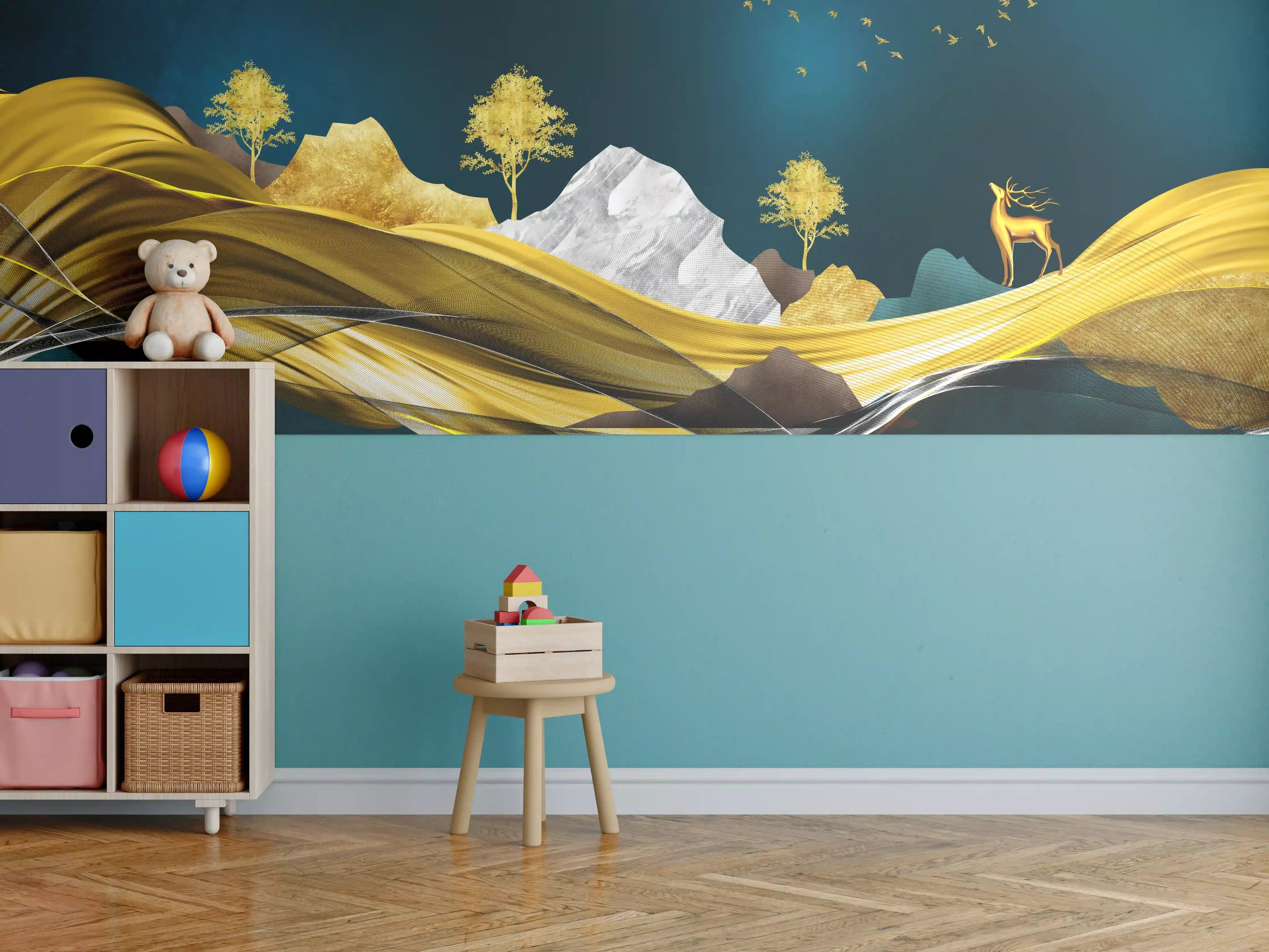 Kinderzimmer Wandgestaltung - Goldenes Wellendesign - 3D 