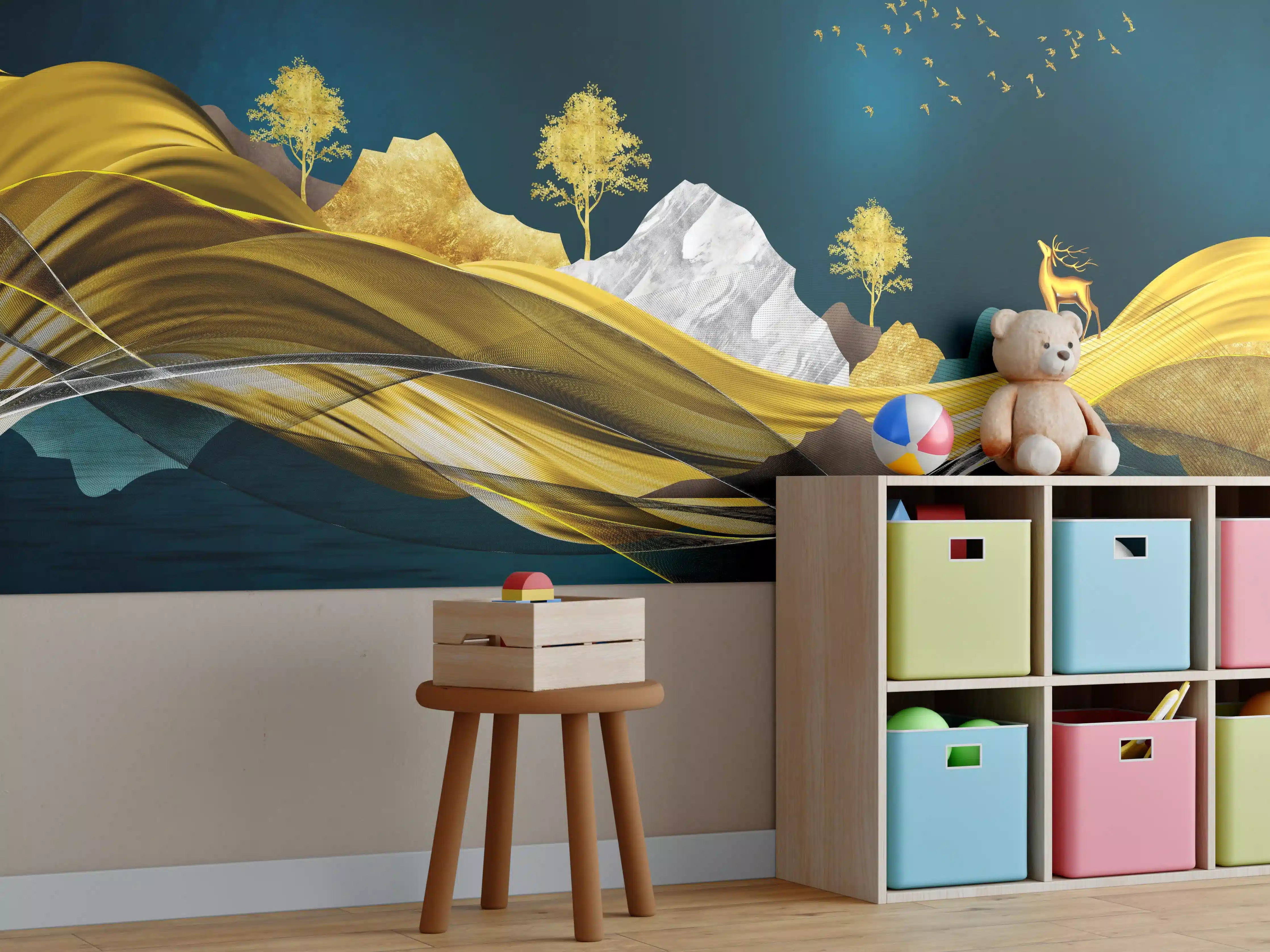 Kinderzimmer Wandgestaltung - Goldenes Wellendesign - 3D 