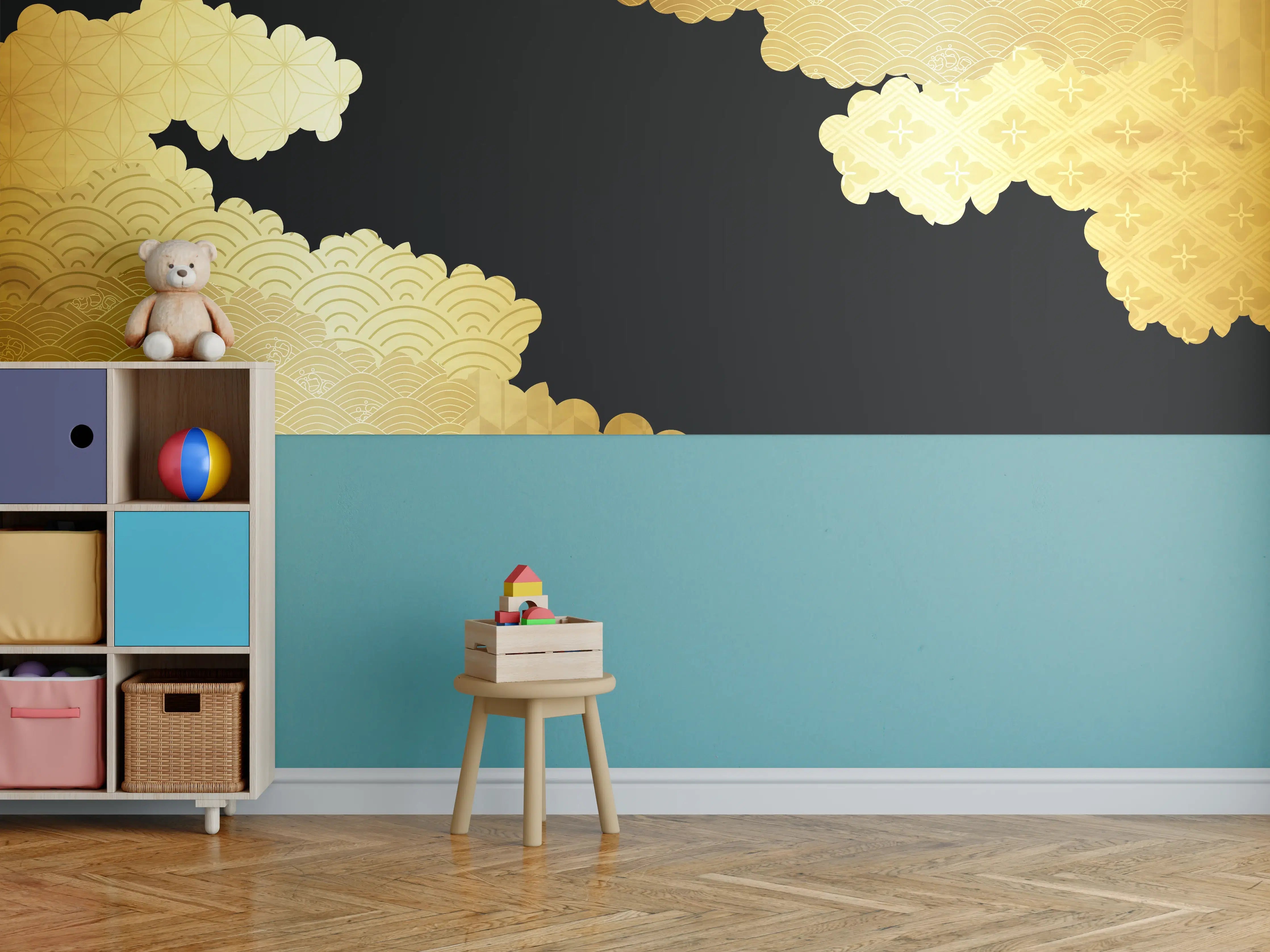 Kinderzimmer Wandgestaltung - Goldenes Wolkendesign Muster