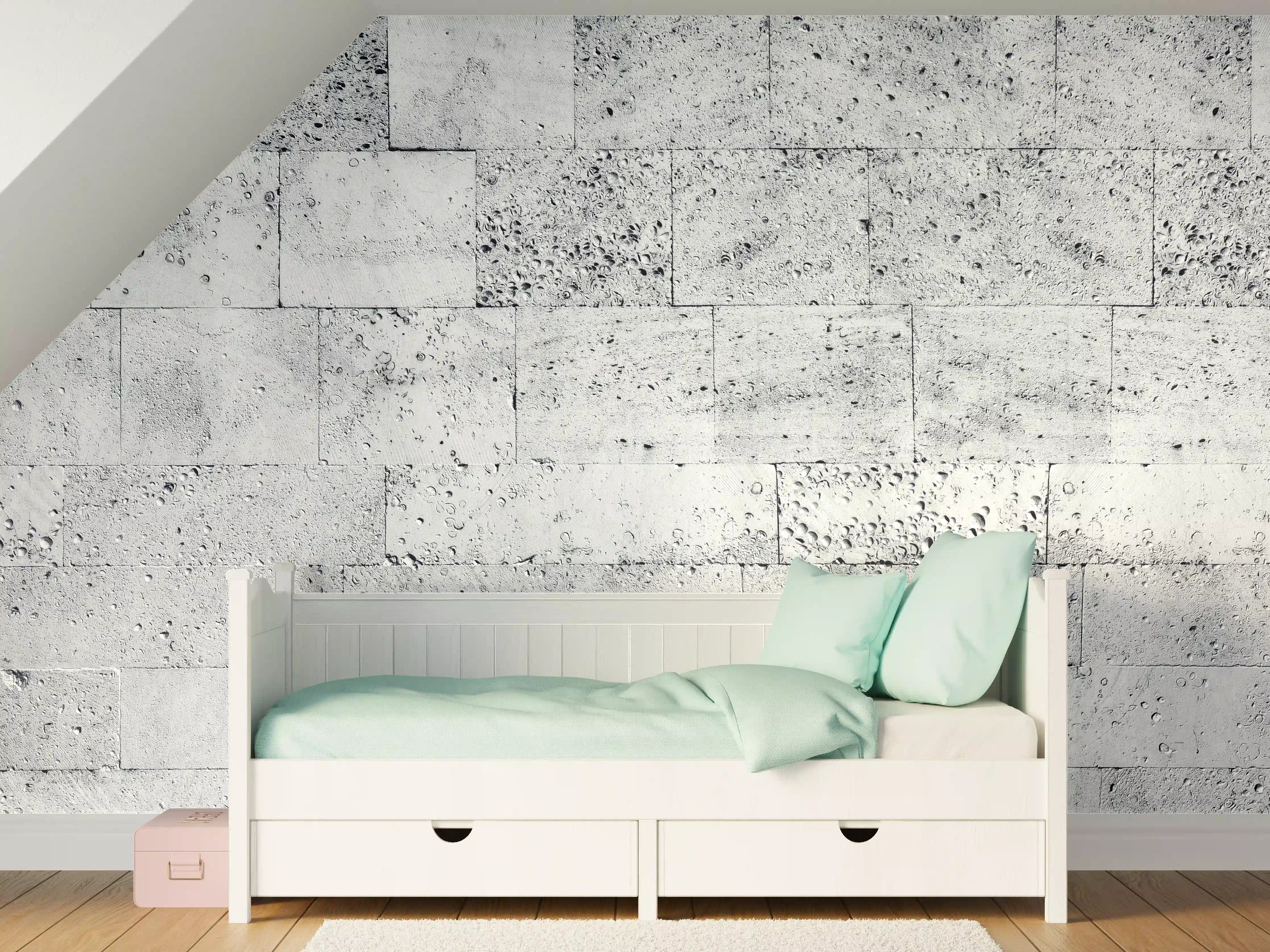 Kinderzimmer Wandgestaltung - Gräuliche Tuffstein-Blockwand