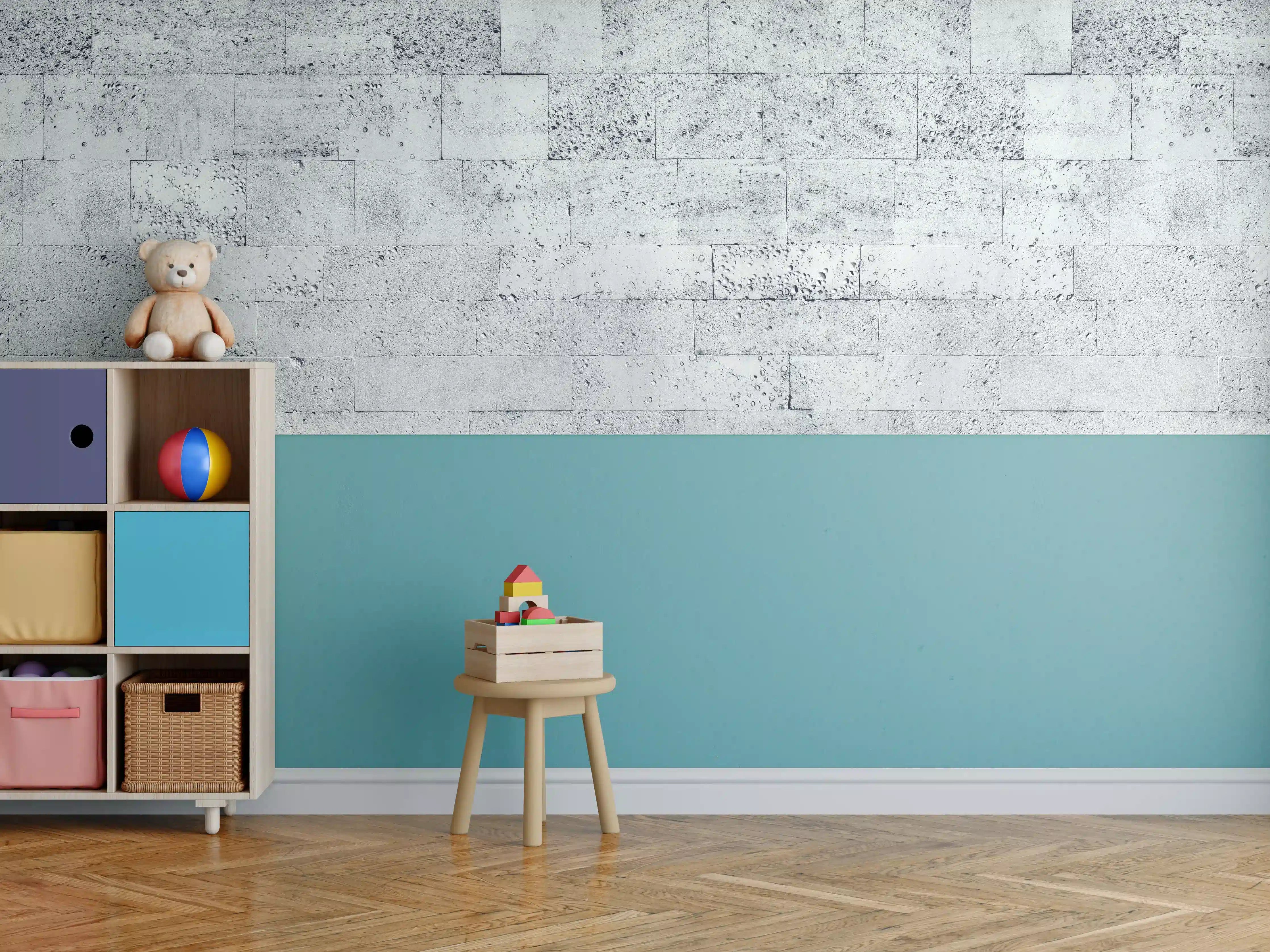 Kinderzimmer Wandgestaltung - Gräuliche Tuffstein-Blockwand