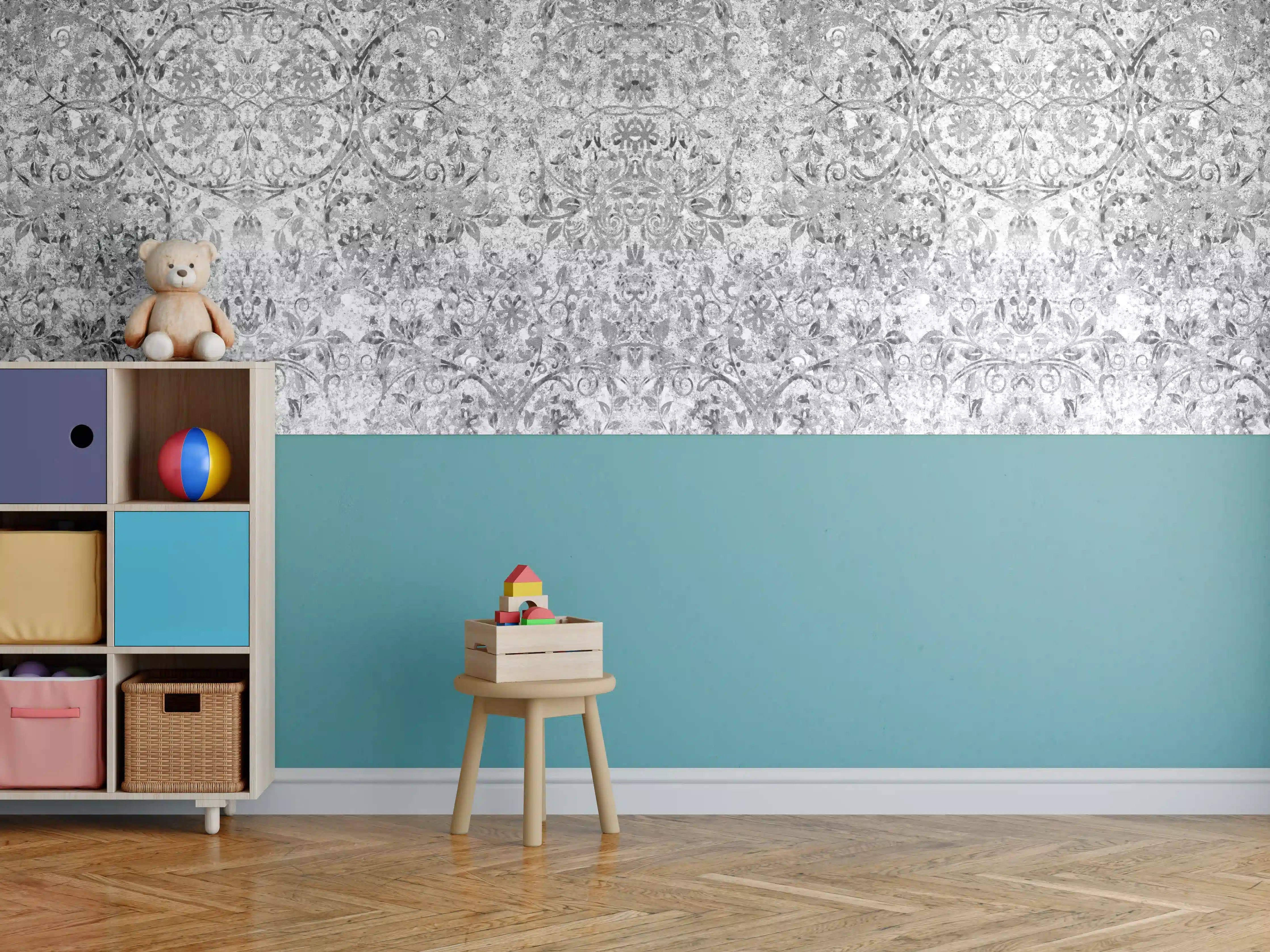 Kinderzimmer Wandgestaltung - Gräuliche gealterte Tapet-Wand