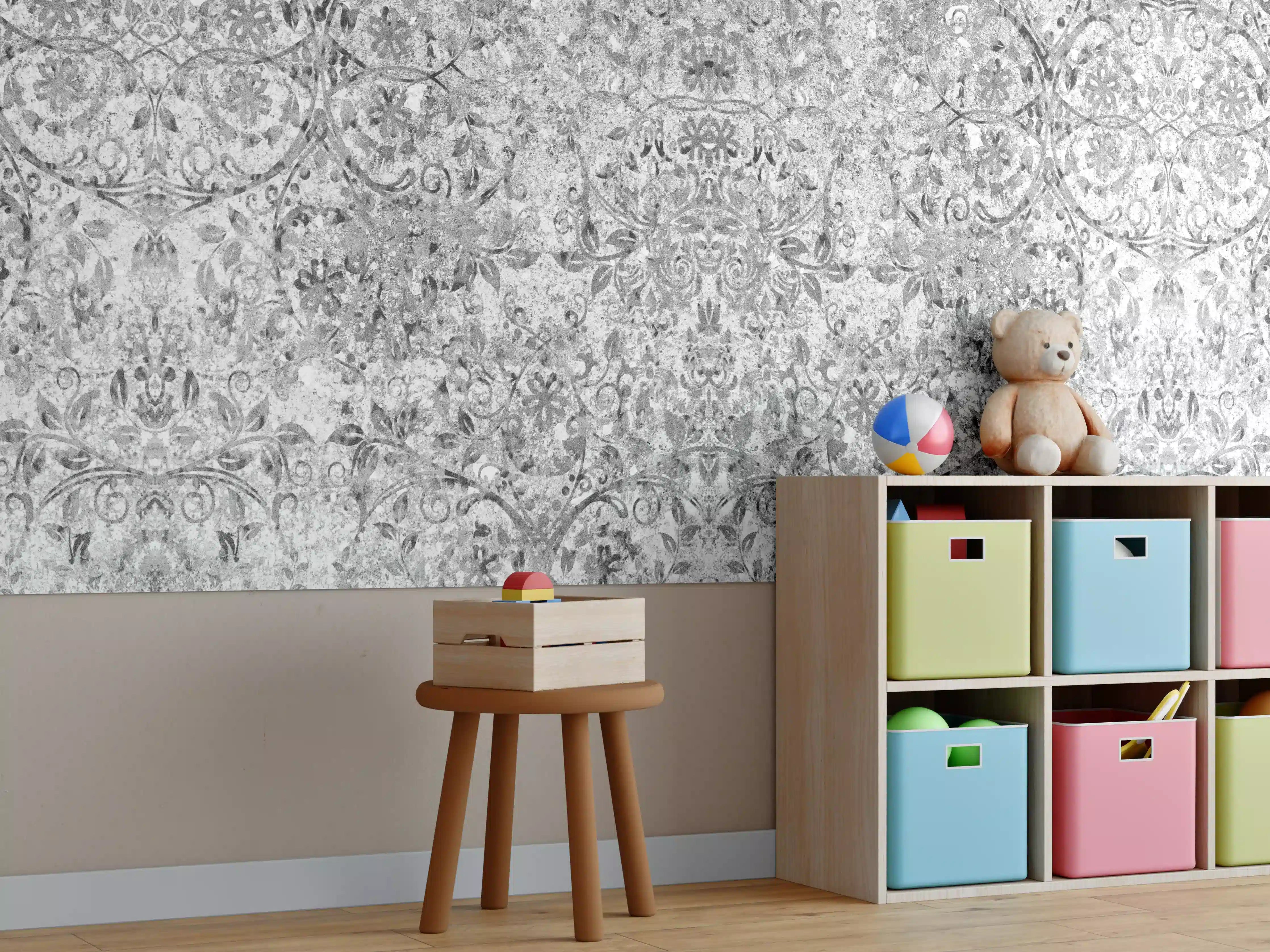 Kinderzimmer Wandgestaltung - Gräuliche gealterte Tapet-Wand