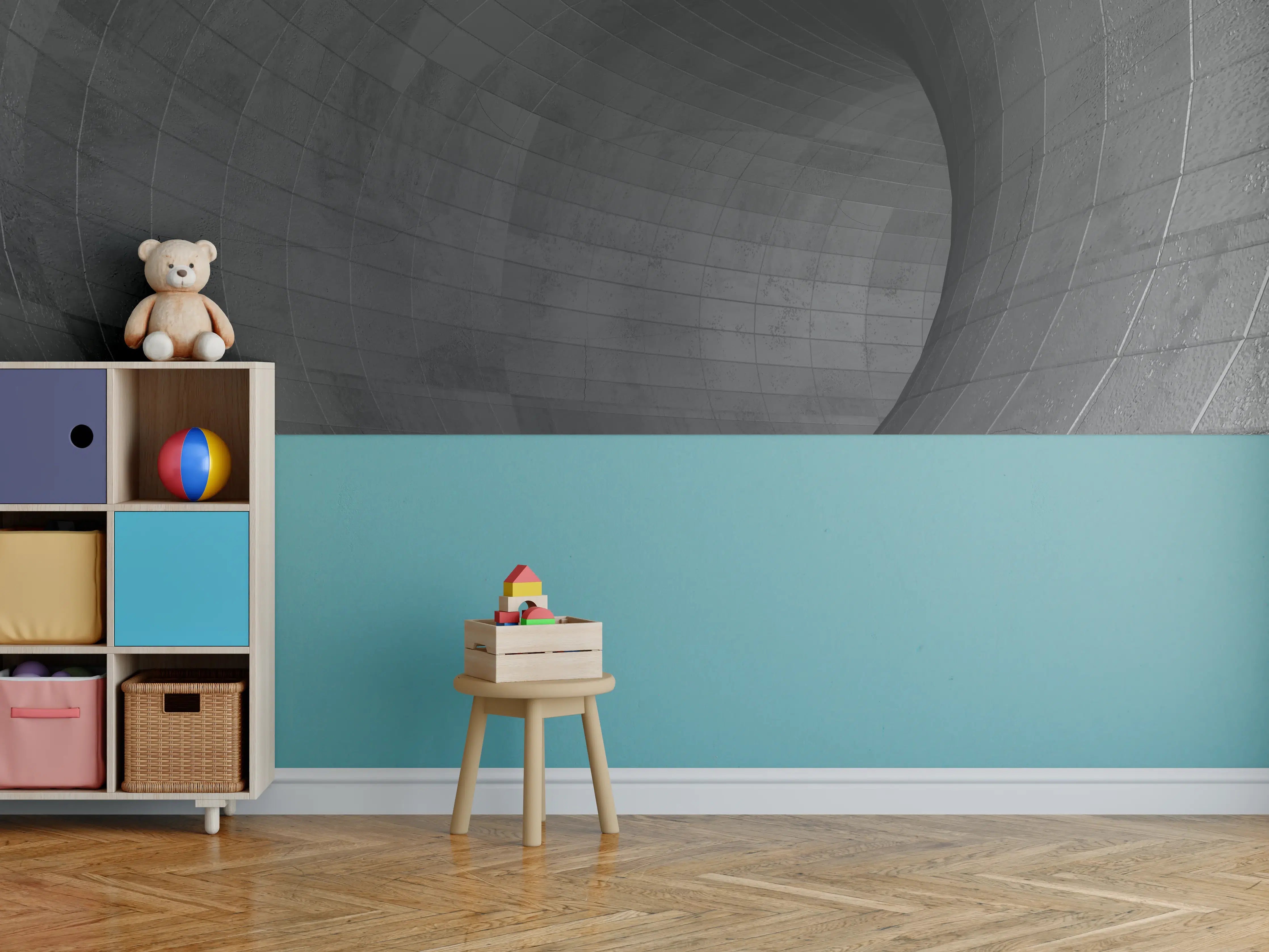 Kinderzimmer Wandgestaltung - Gräulicher Beton - Tunnel