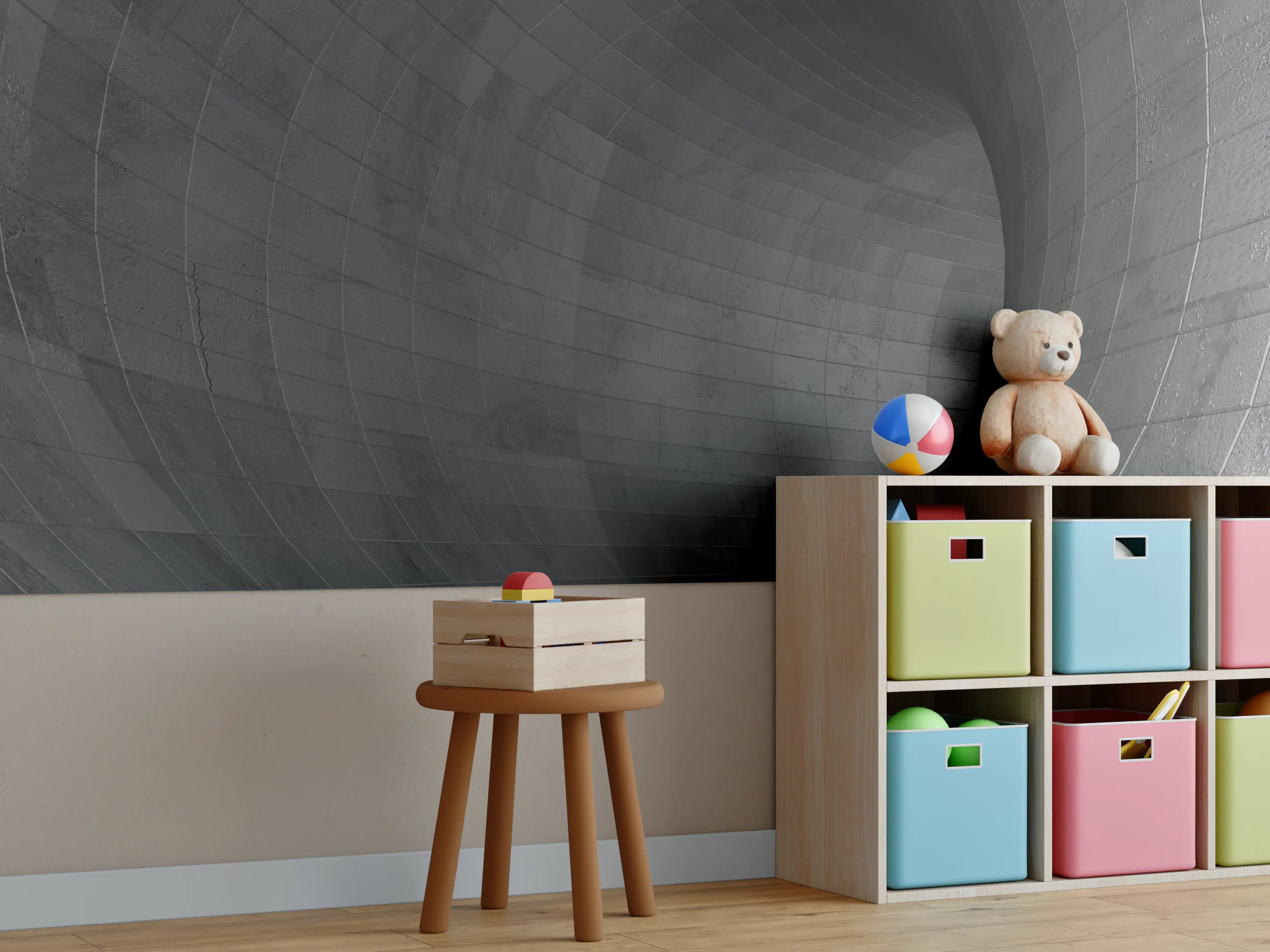 Kinderzimmer Wandgestaltung - Gräulicher Beton - Tunnel