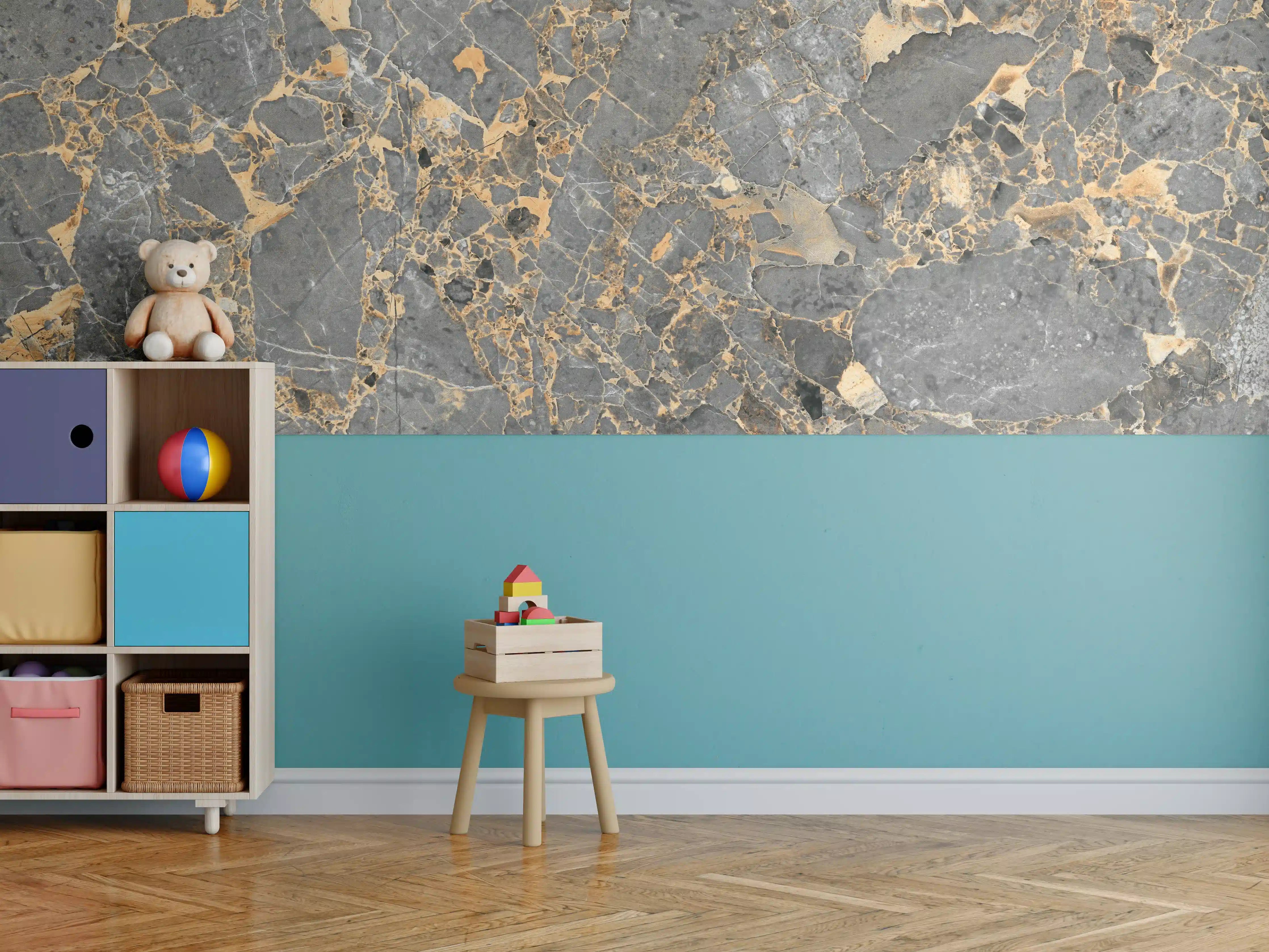Kinderzimmer Wandgestaltung - Gräulicher Marmor mit goldenen Adern