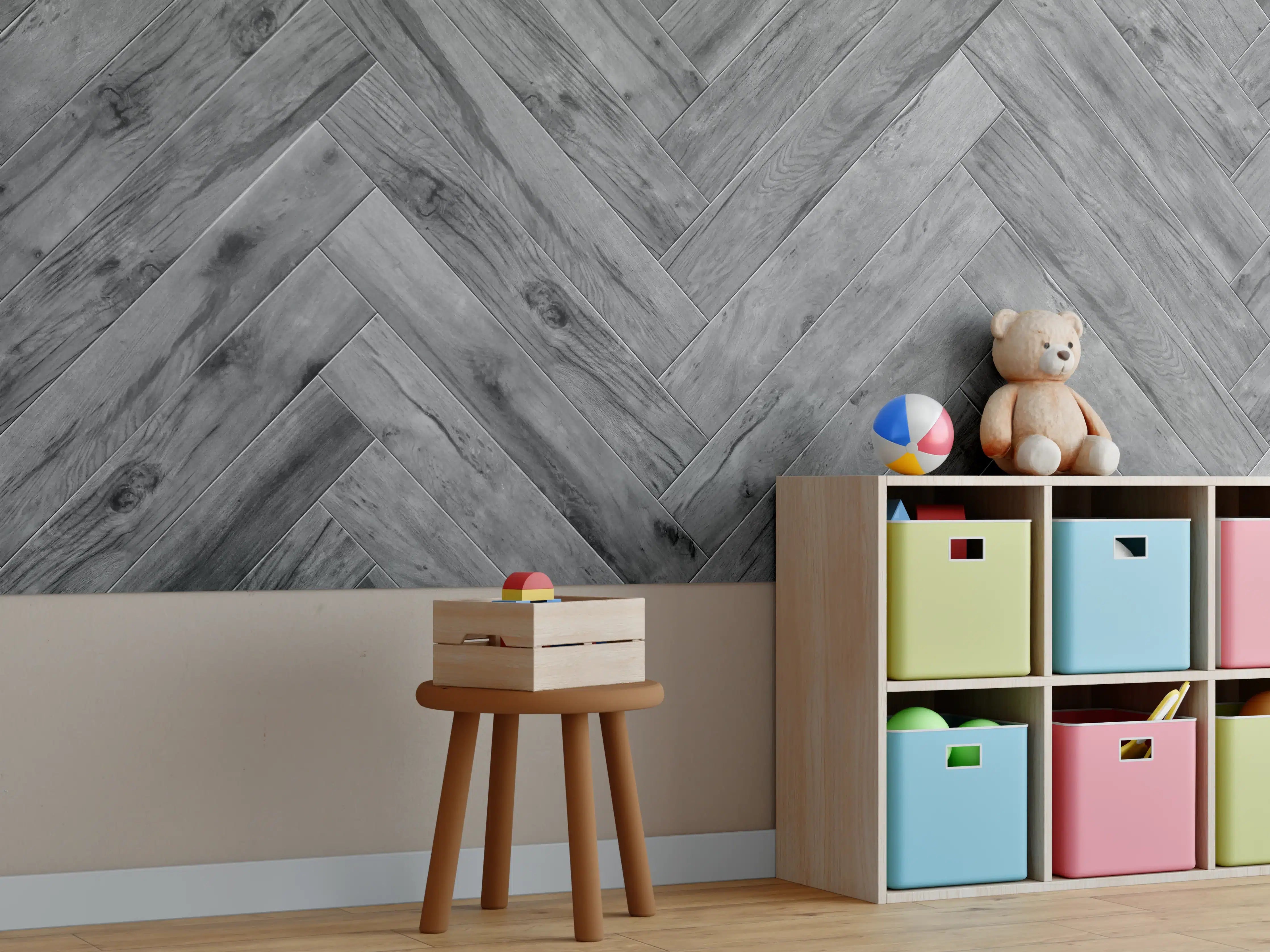 Kinderzimmer Wandgestaltung - Gräuliches Holzparkett mit Fischgrätenmuster
