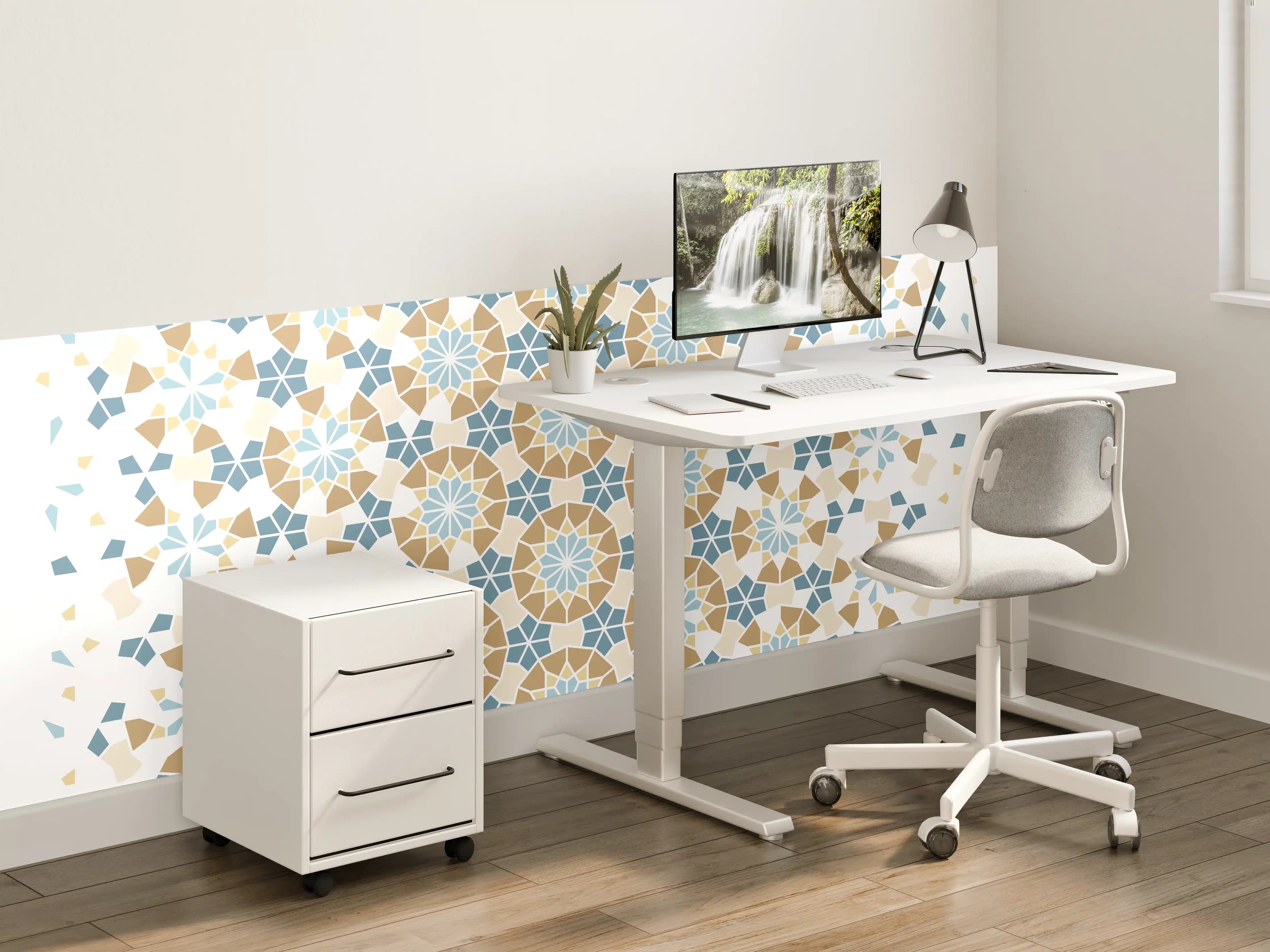 Kinderzimmer Wandgestaltung - Grafisches Blau Beige Muster