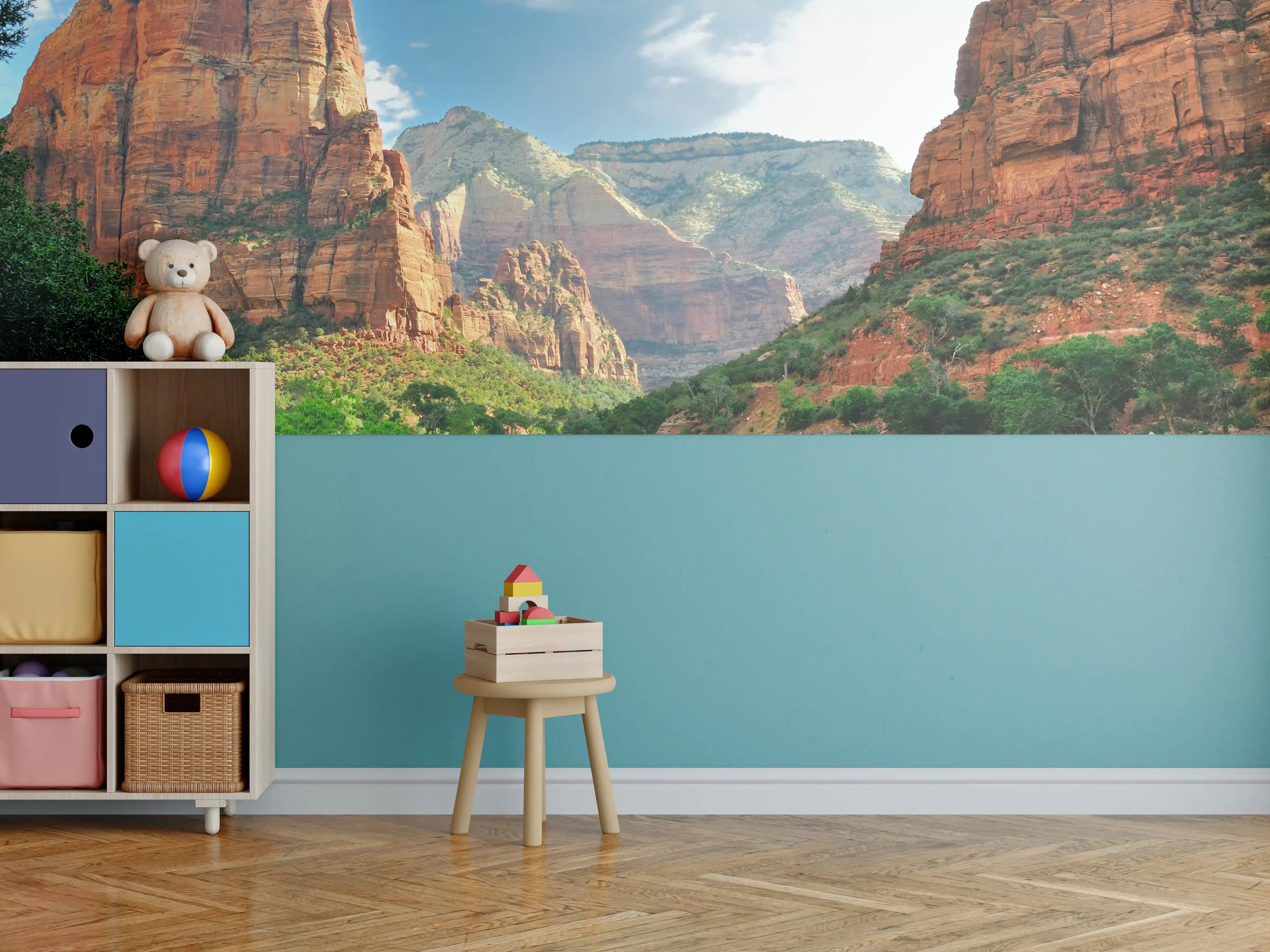 Kinderzimmer Wandgestaltung - Grandiose Canyonlandschaft mit Fluss, saftig grün und imposanten Felsformationen