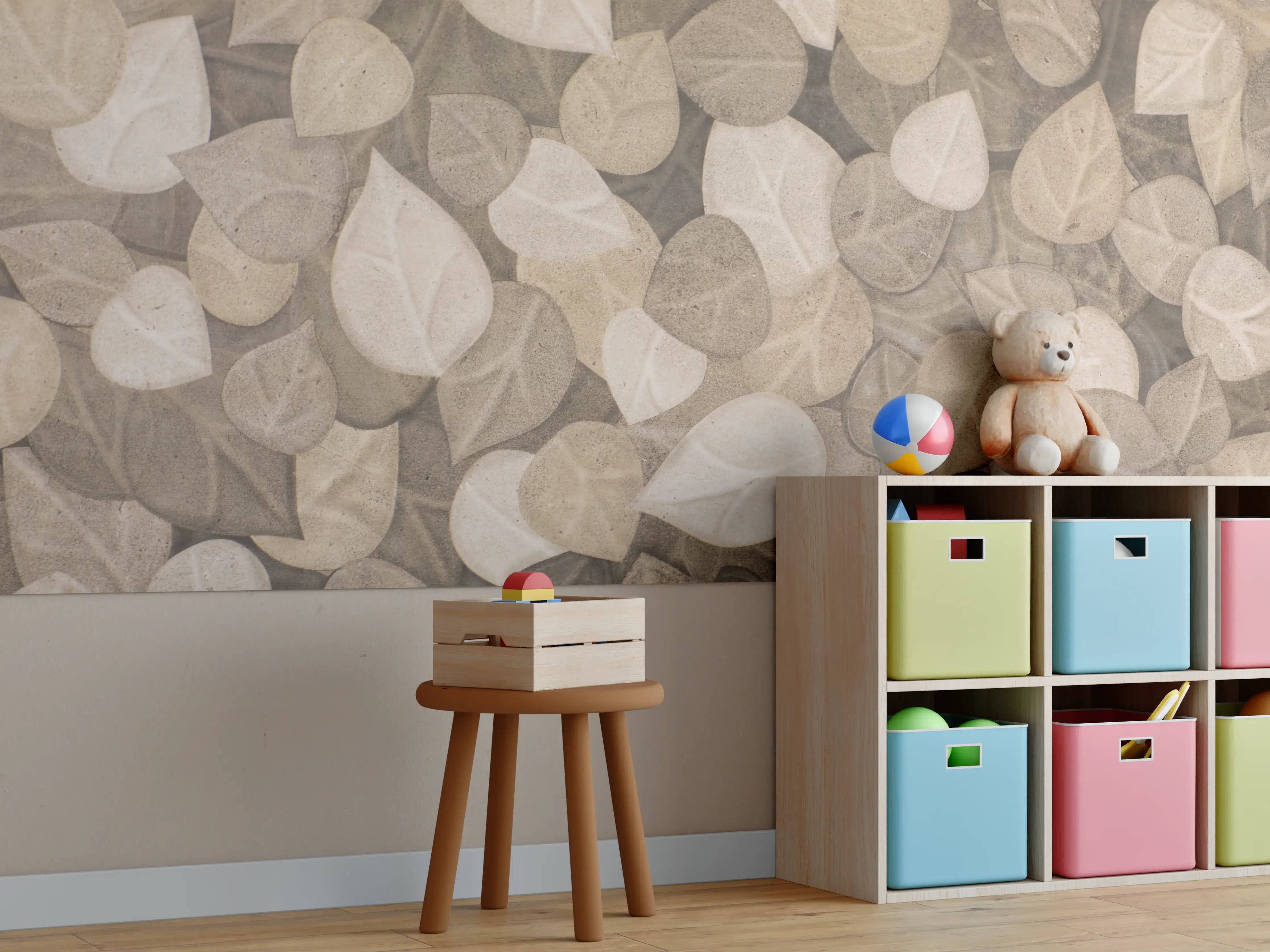 Kinderzimmer Wandgestaltung - Grau-Braune Blatt Muster Tapete