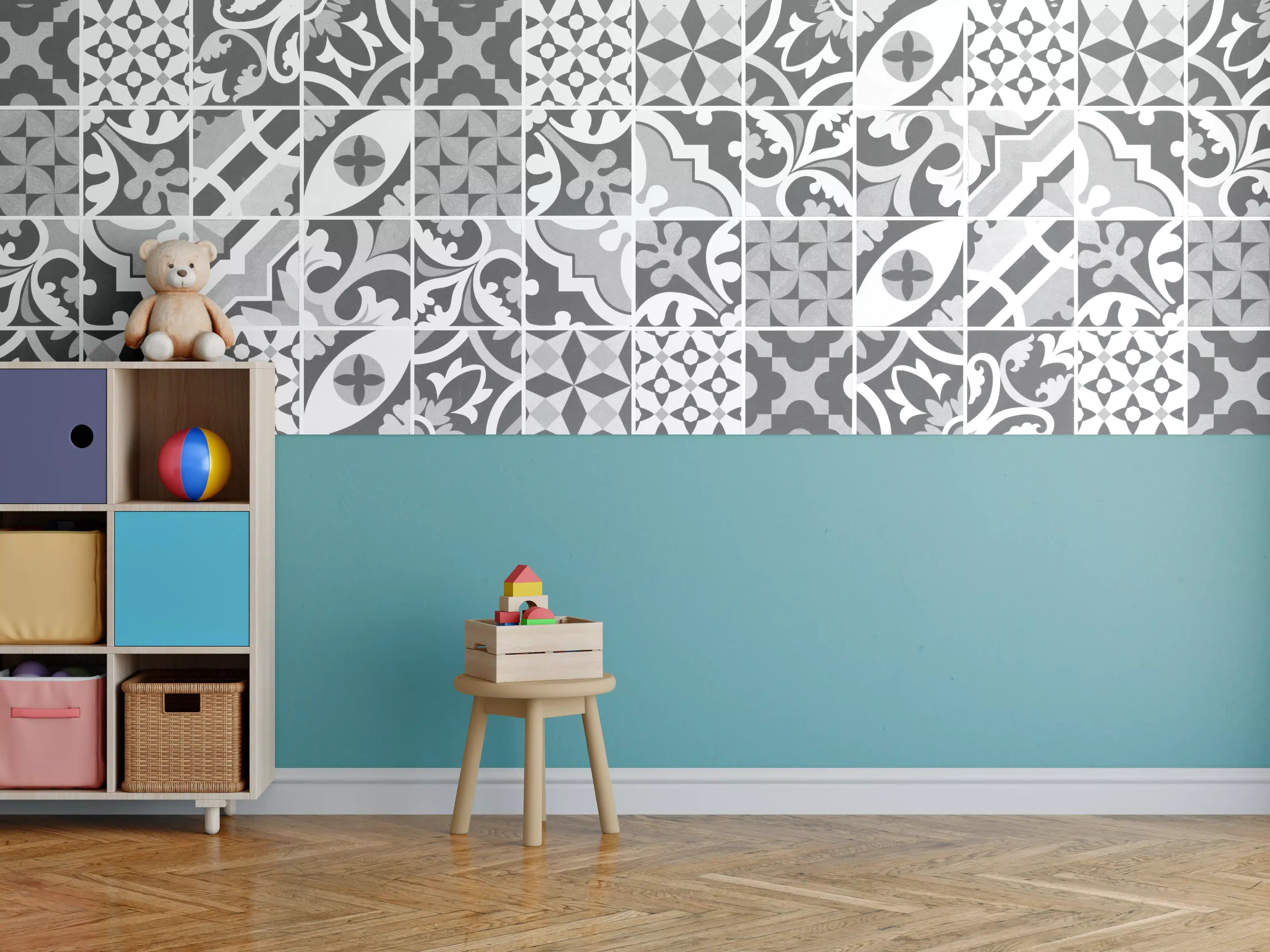 Kinderzimmer Wandgestaltung - Grau-Weiß Vintage Mosaik