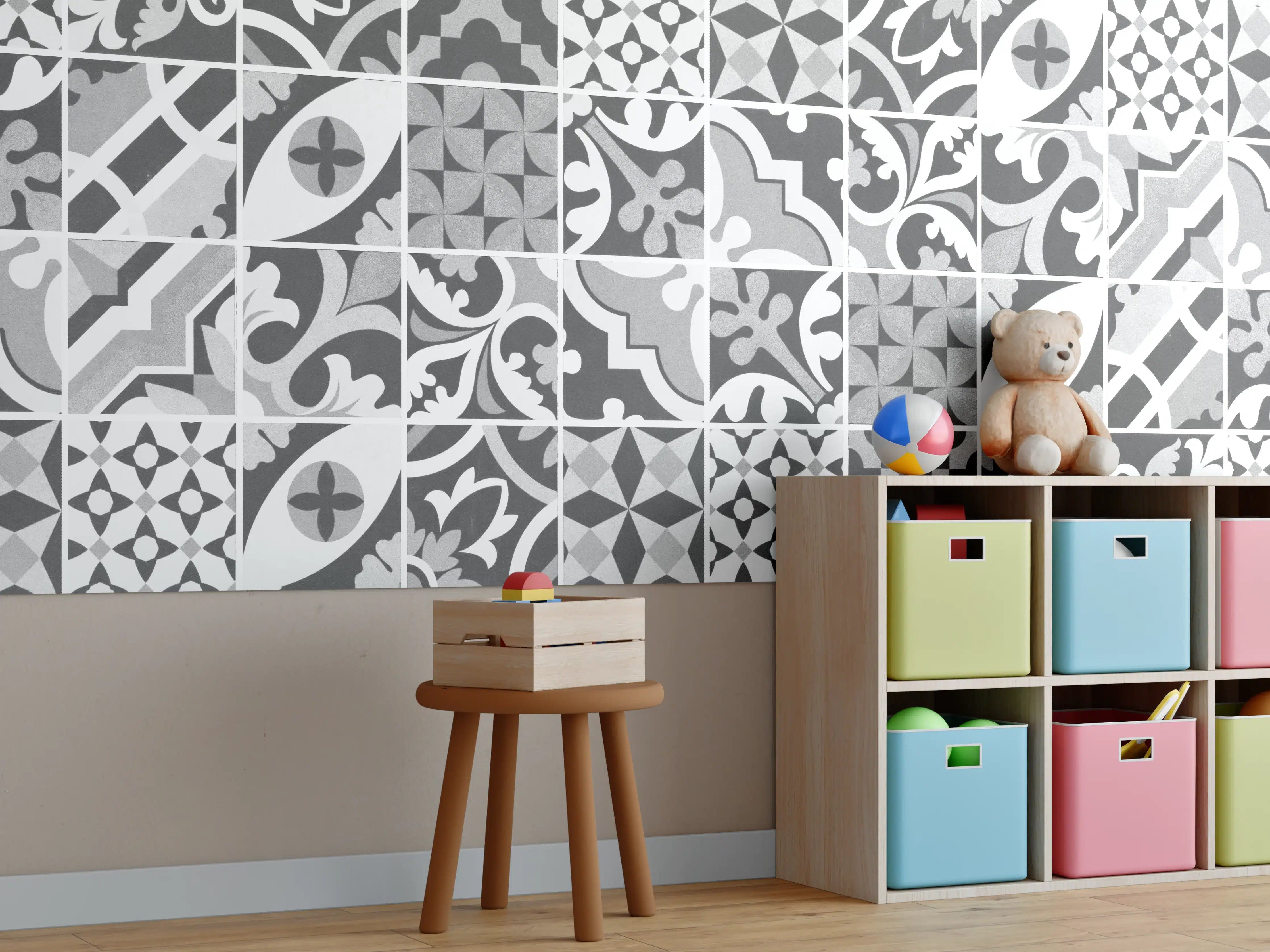 Kinderzimmer Wandgestaltung - Grau-Weiß Vintage Mosaik