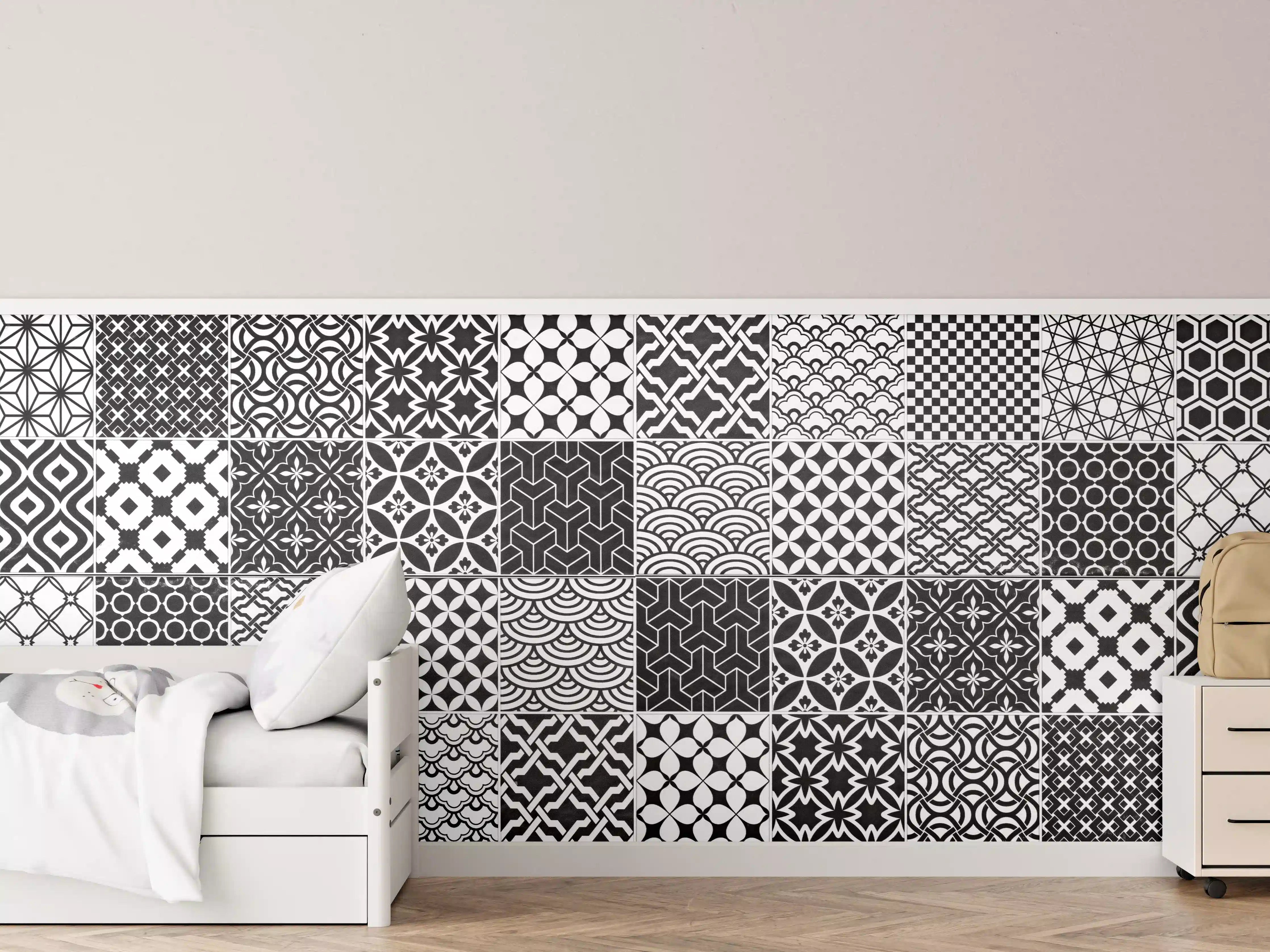 Kinderzimmer Wandgestaltung - Grau-Weiß geometrisch Mosaik