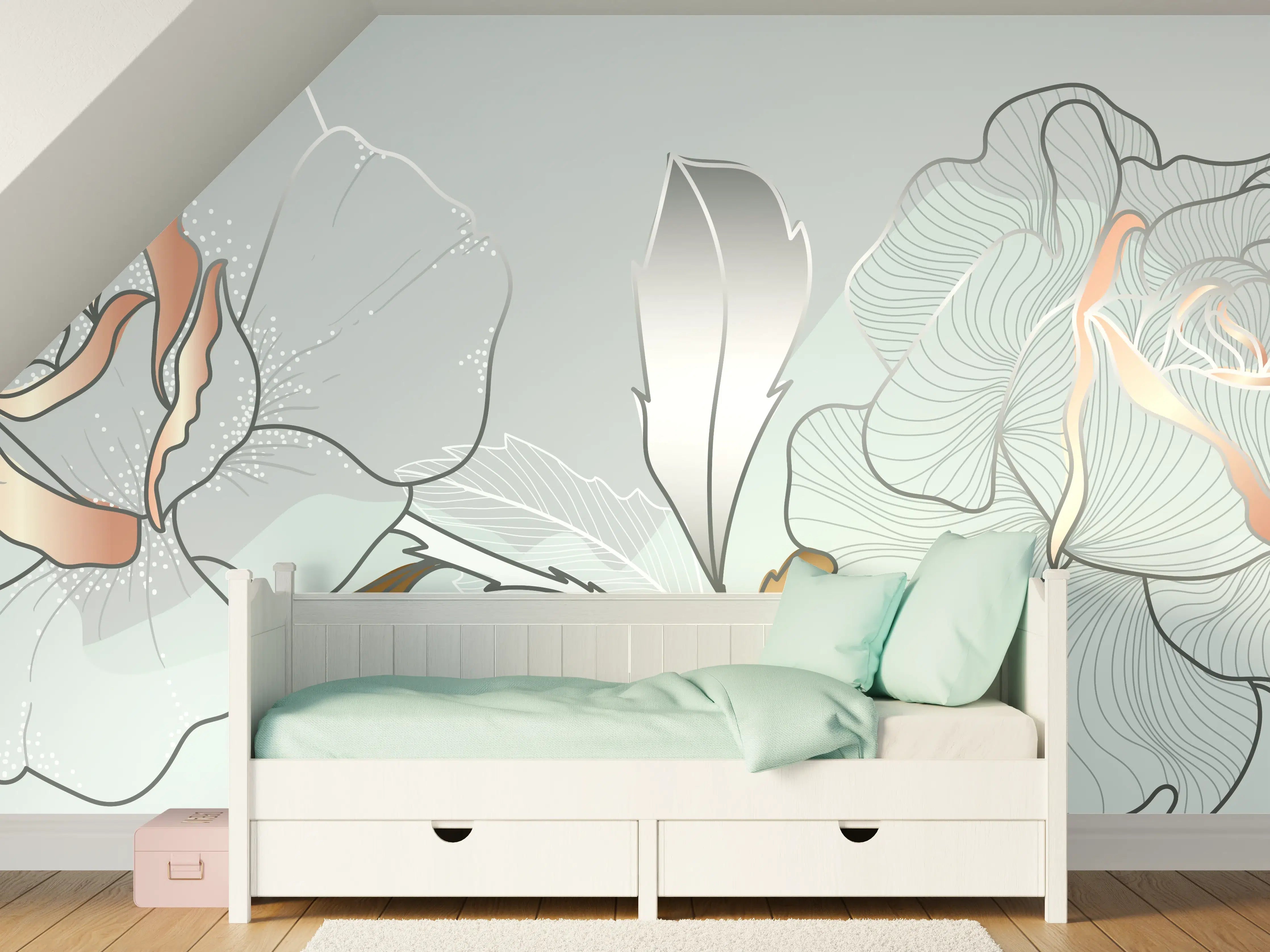 Kinderzimmer Wandgestaltung - Grau-Weiße Blumenillustration