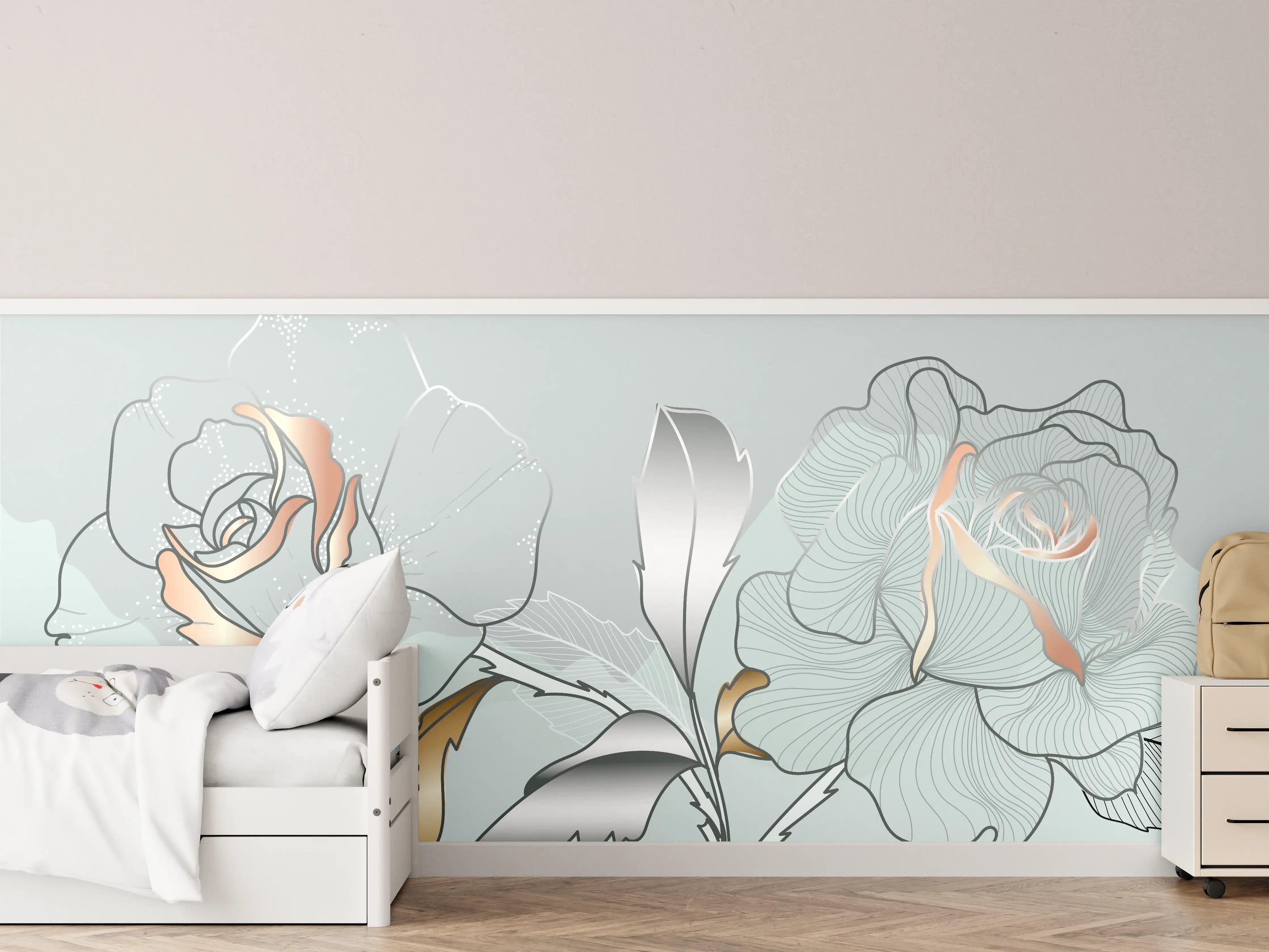 Kinderzimmer Wandgestaltung - Grau-Weiße Blumenillustration