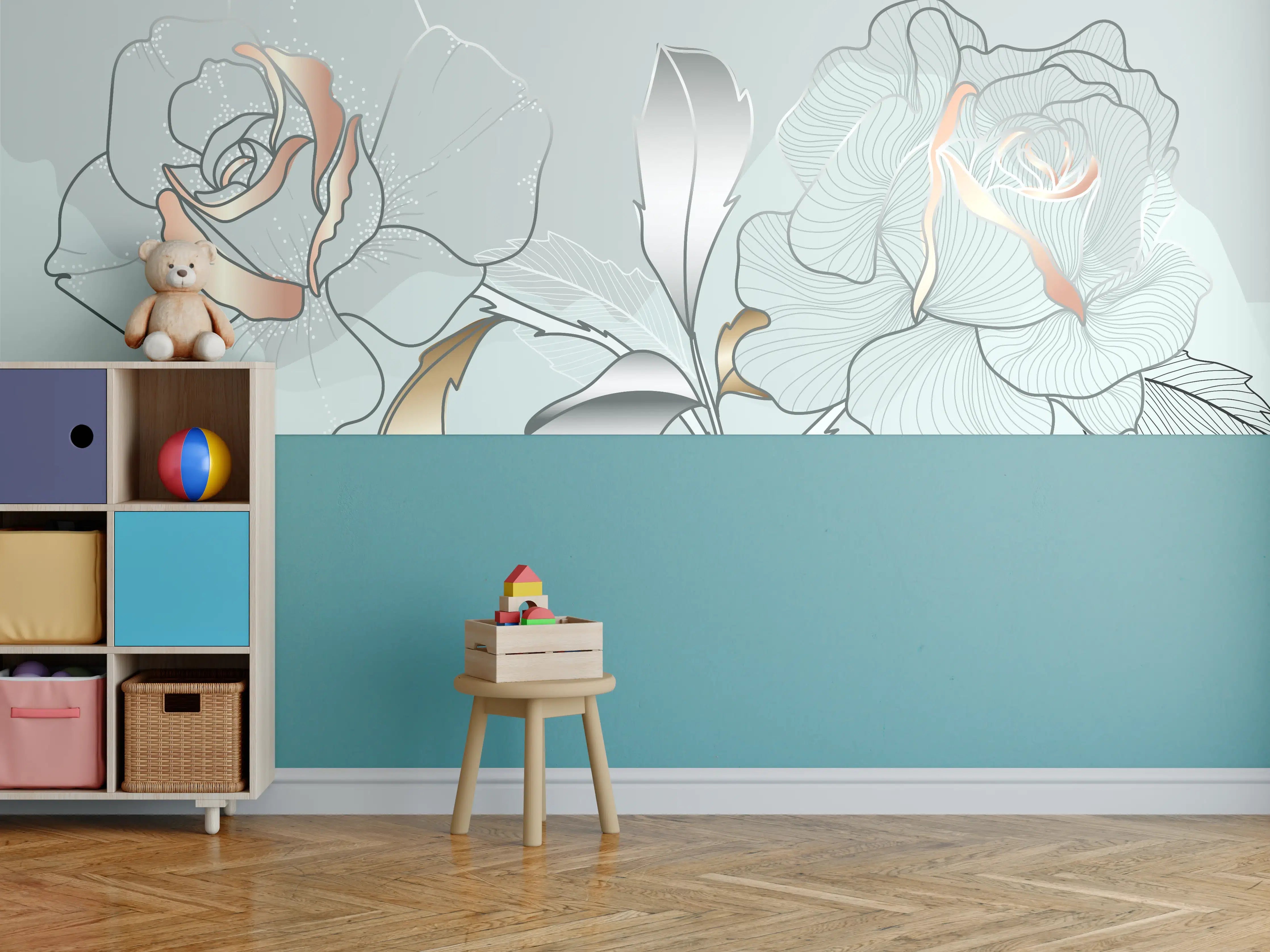 Kinderzimmer Wandgestaltung - Grau-Weiße Blumenillustration