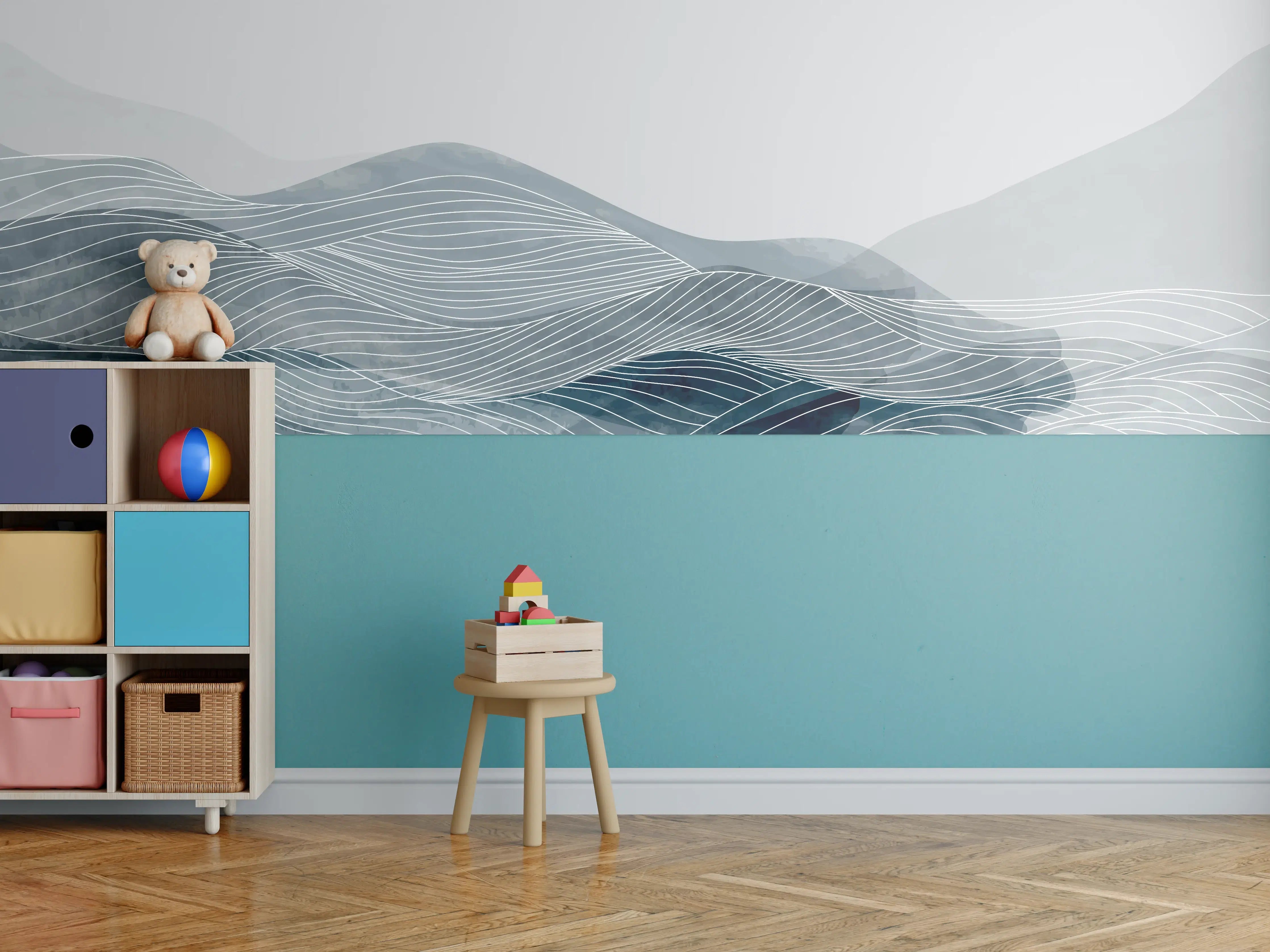 Kinderzimmer Wandgestaltung - Grau-Weiße Wellenlinien Kunst