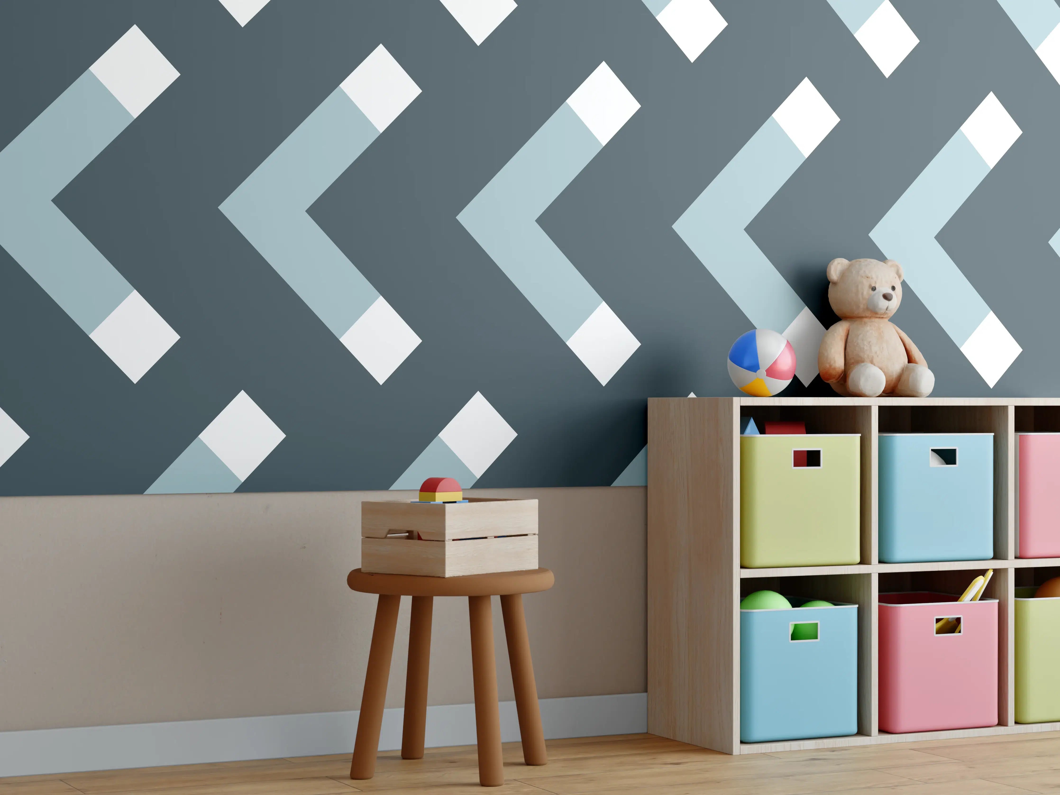 Kinderzimmer Wandgestaltung - Grau-Weißes Chevron Muster