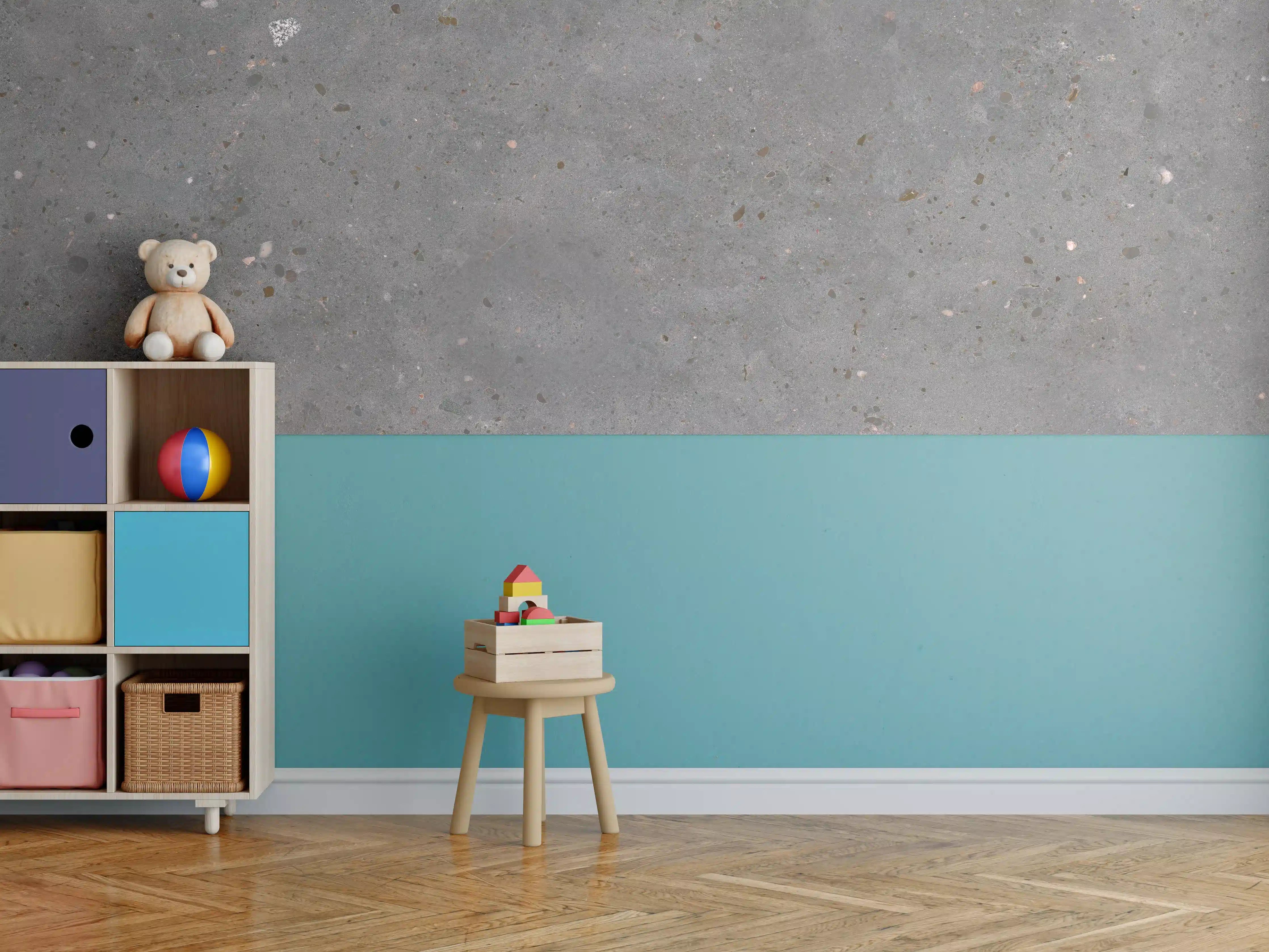 Kinderzimmer Wandgestaltung - Grau-bunter Terrazzoboden
