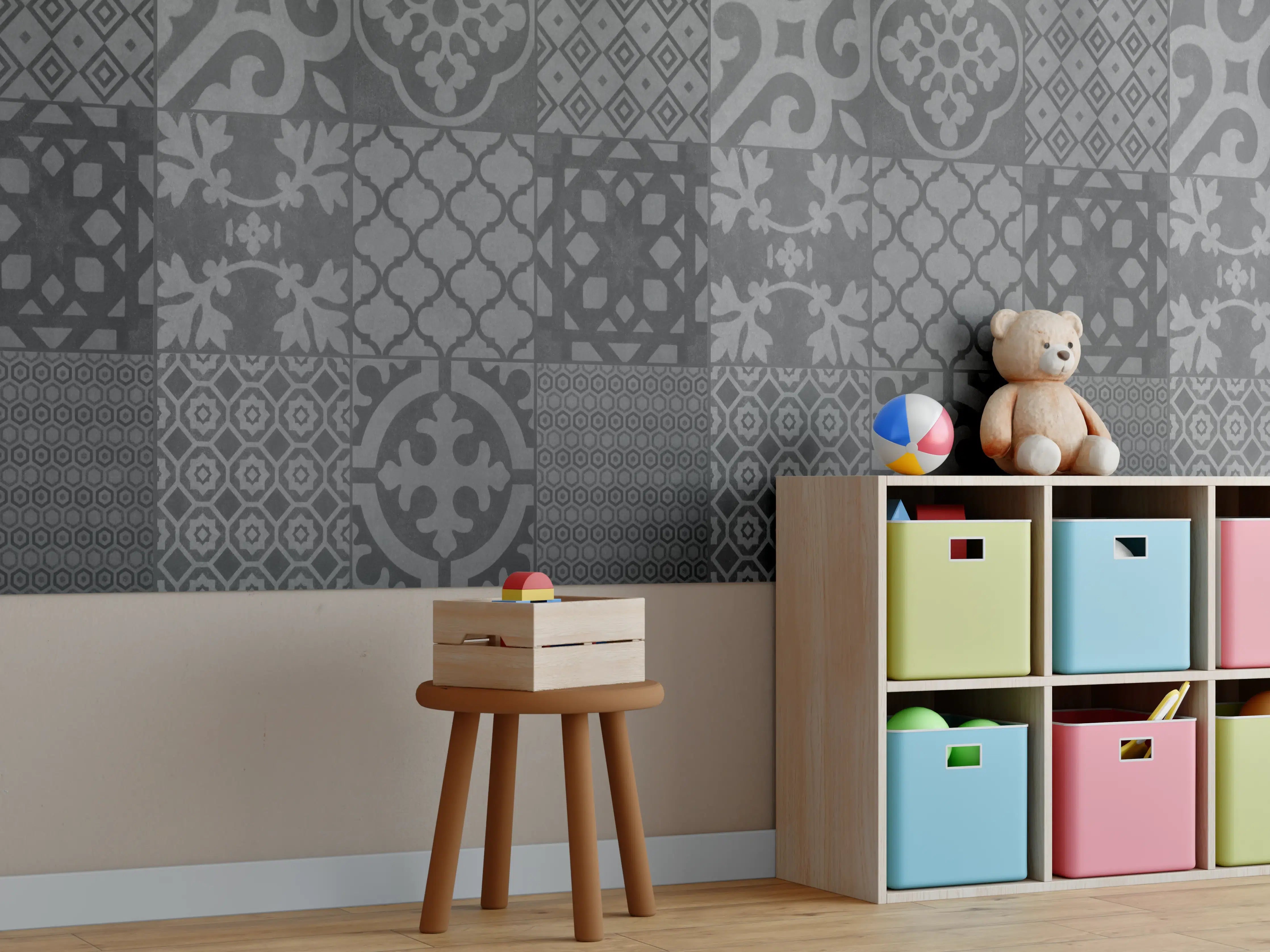 Kinderzimmer Wandgestaltung - Grau vintage Fliesen