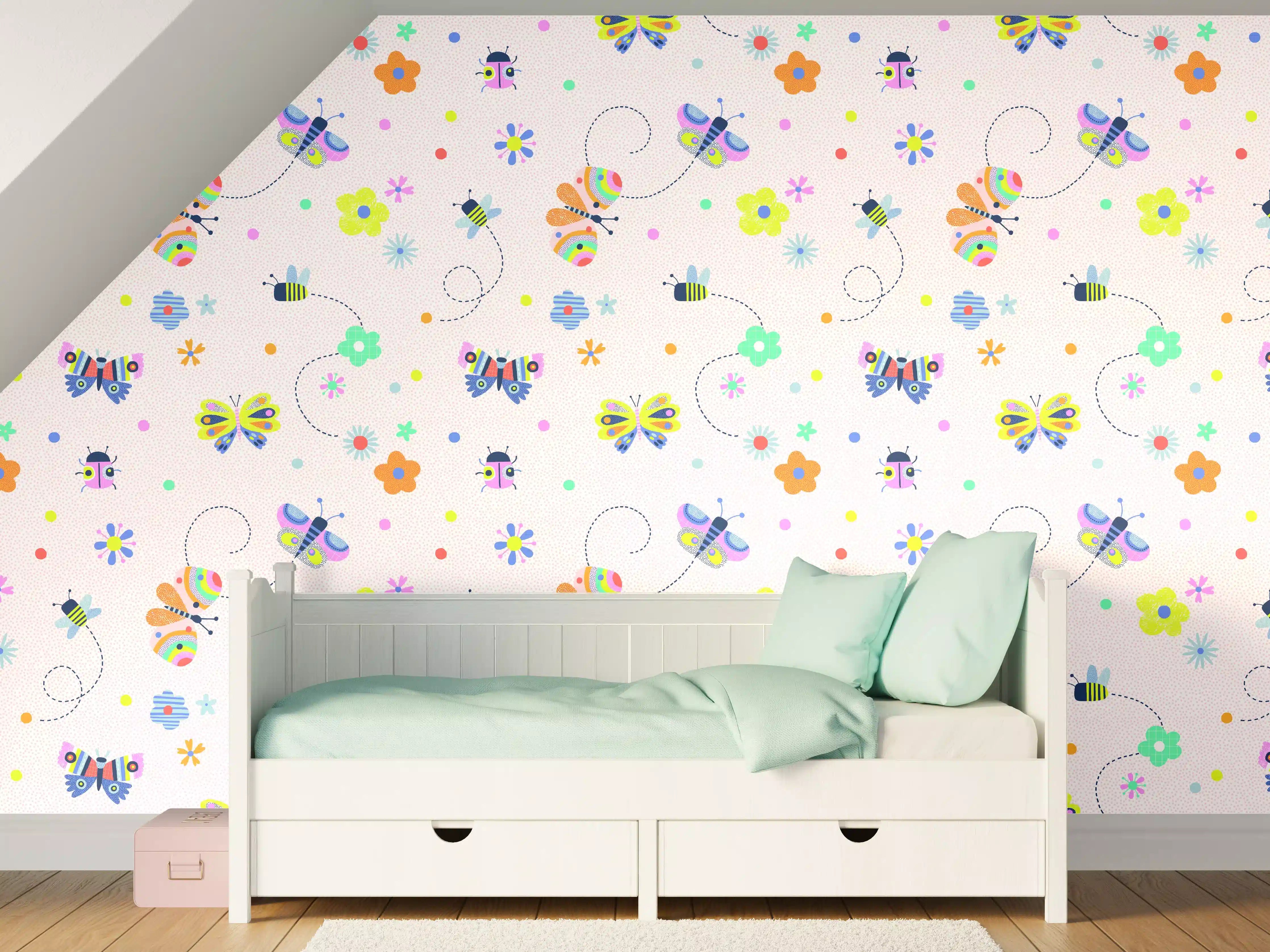 Kinderzimmer Wandgestaltung - Graue Blütenpracht mit flatternden Schmetterlingen