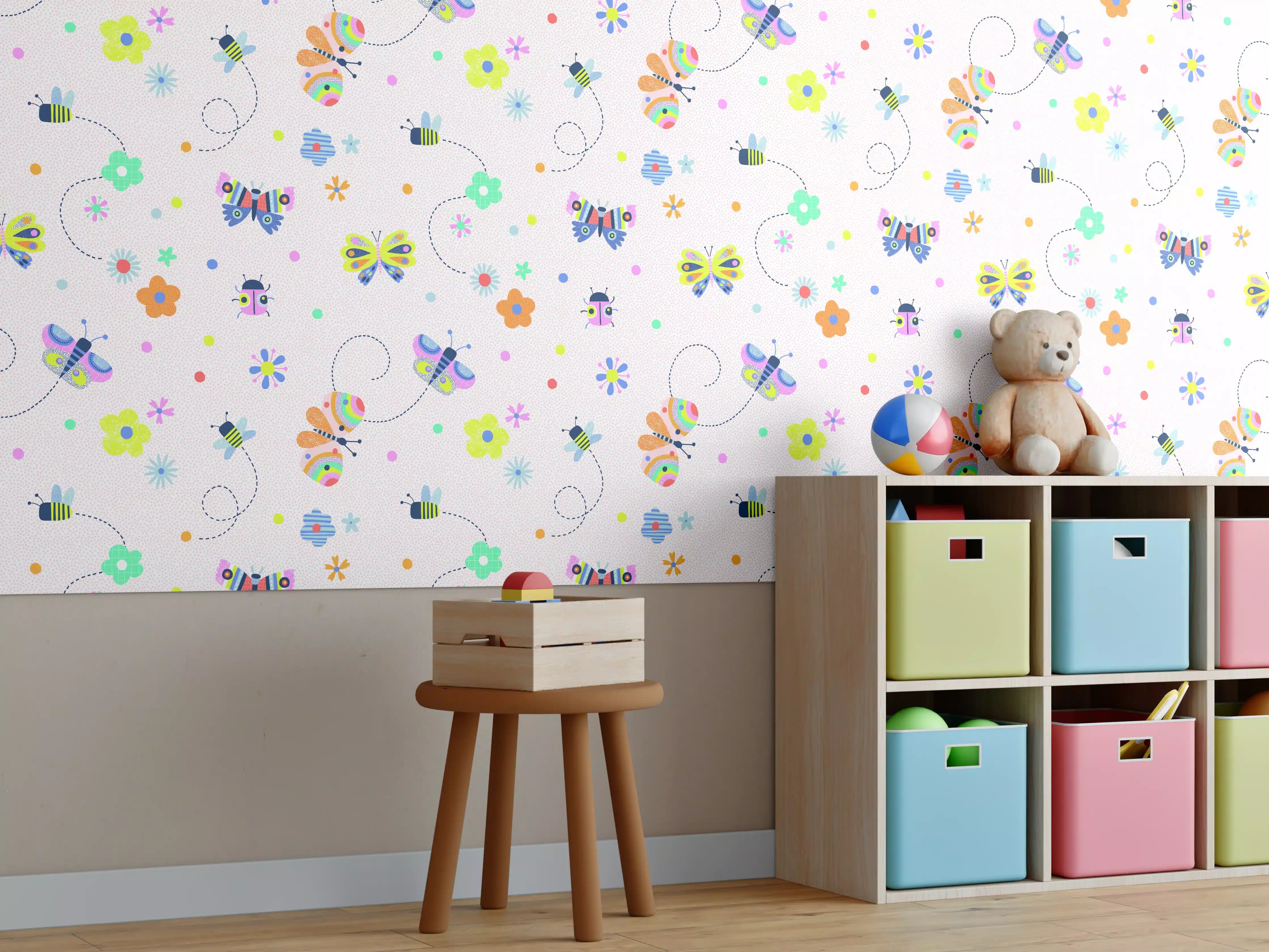 Kinderzimmer Wandgestaltung - Graue Blütenpracht mit flatternden Schmetterlingen