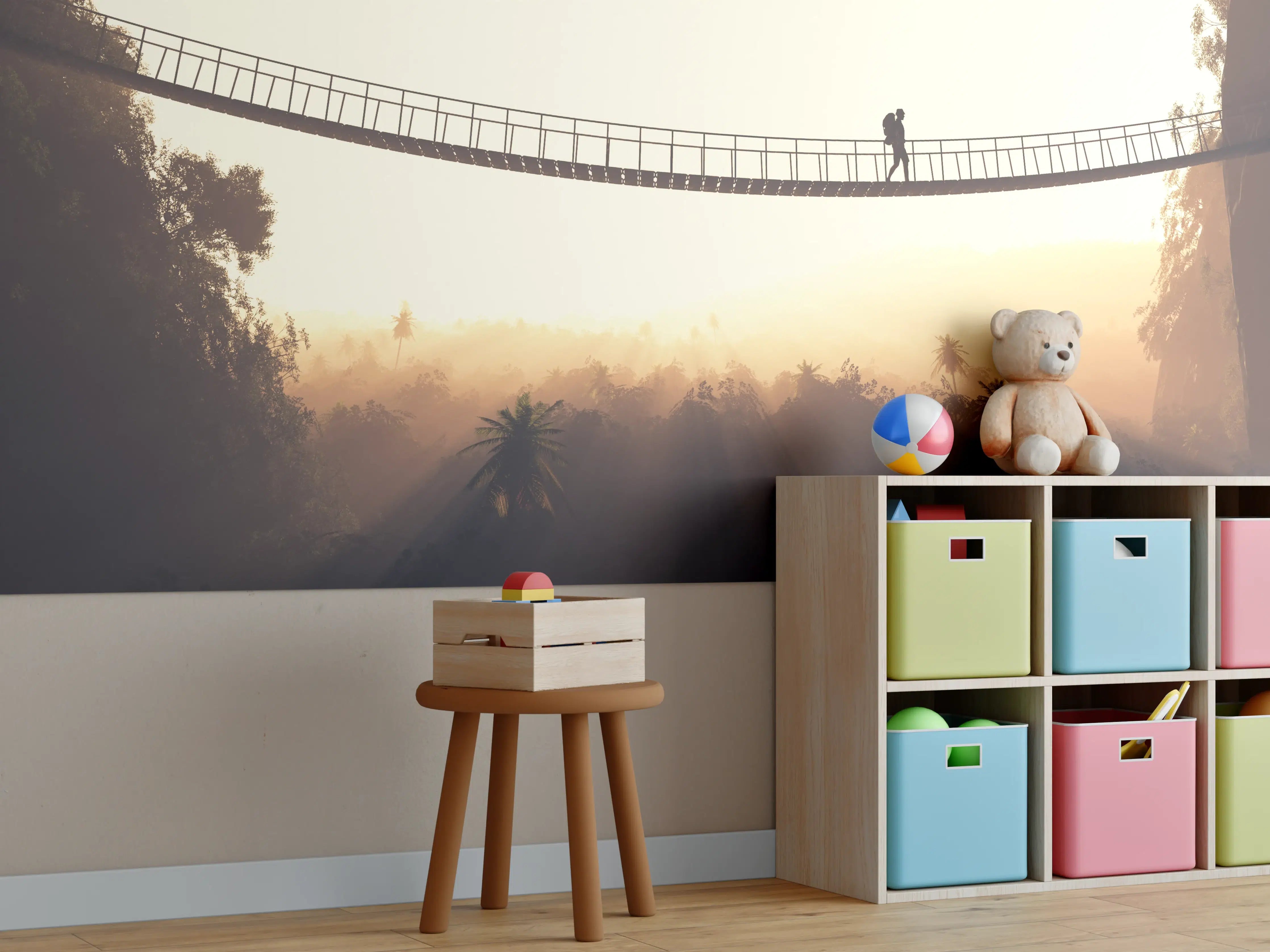 Kinderzimmer Wandgestaltung - Graue Hängebrücke im Morgenlicht