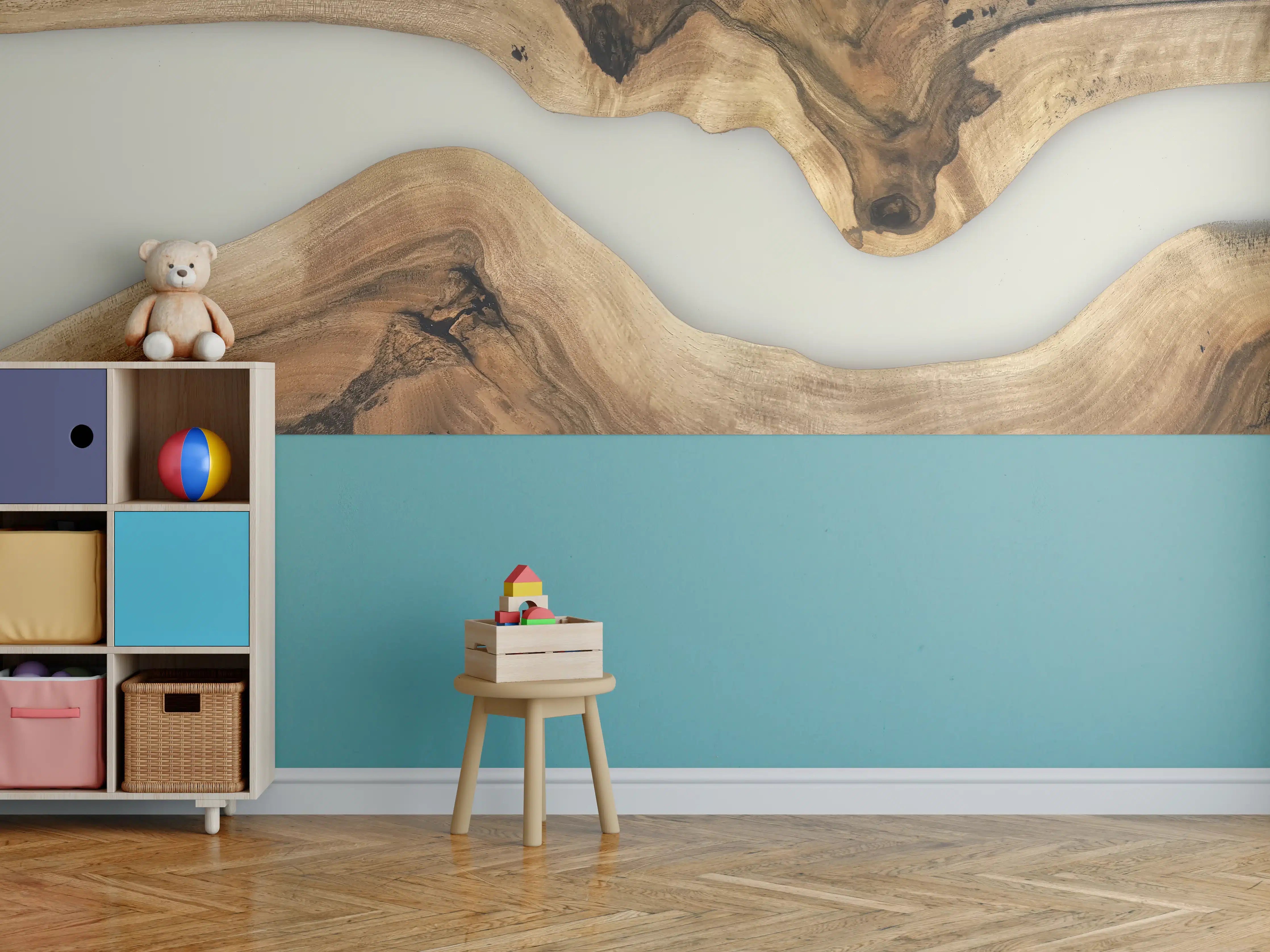 Kinderzimmer Wandgestaltung - Graue Holzmaserung im Weiß