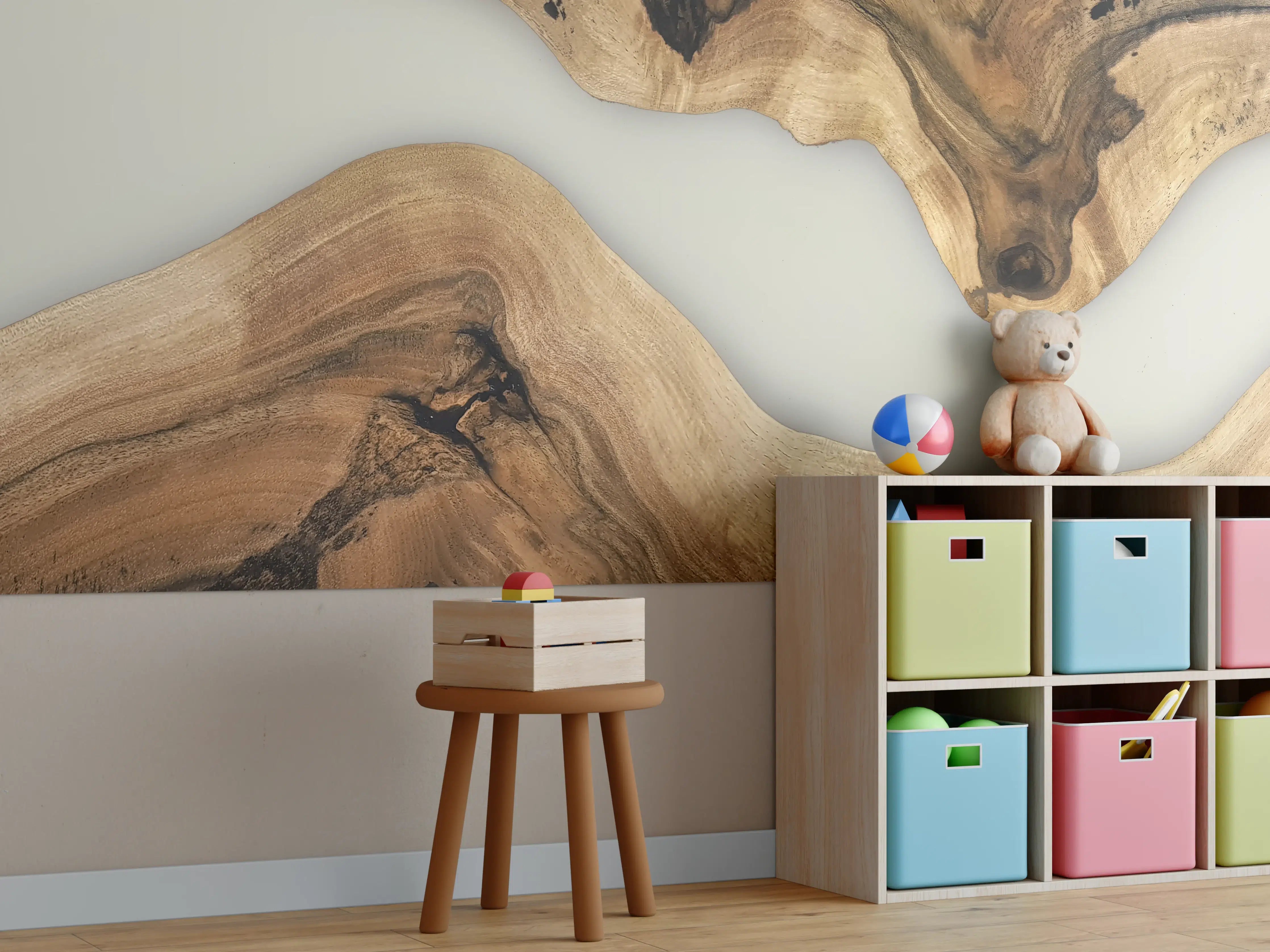 Kinderzimmer Wandgestaltung - Graue Holzmaserung im Weiß