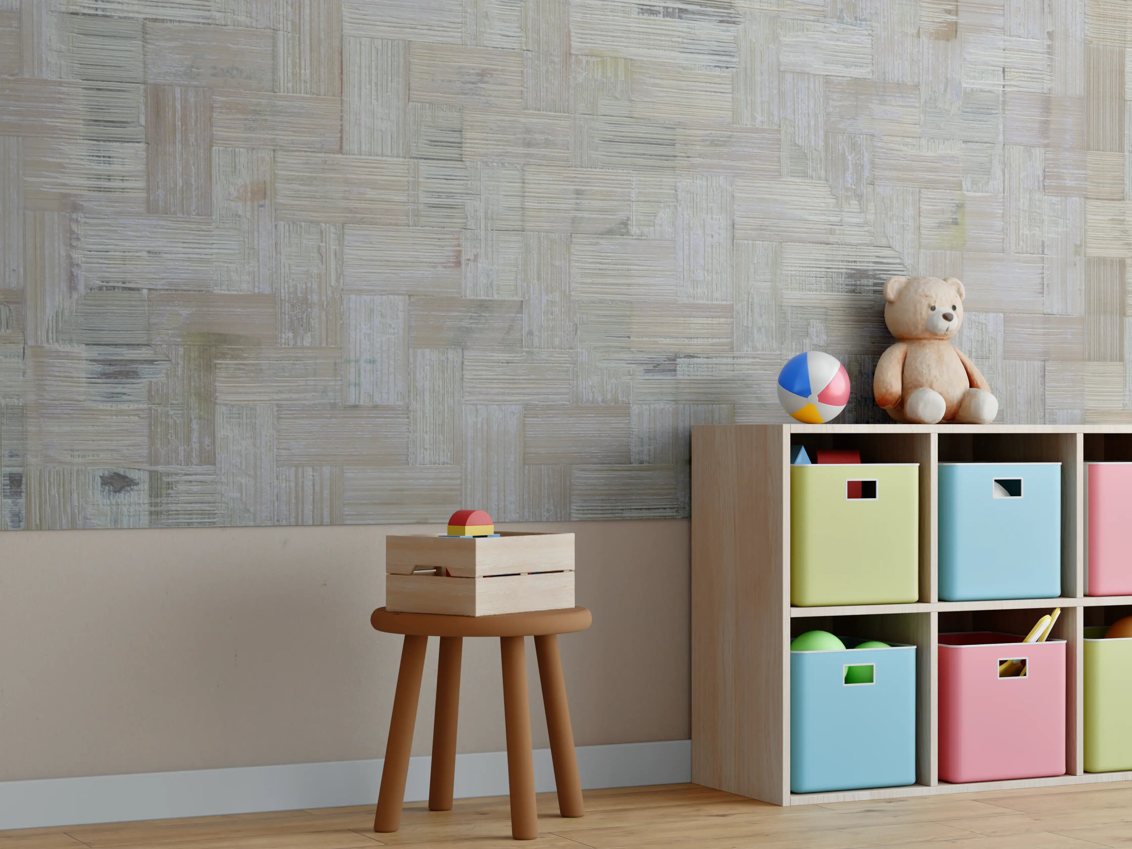 Kinderzimmer Wandgestaltung - Graue Holzmaserung in Weiß