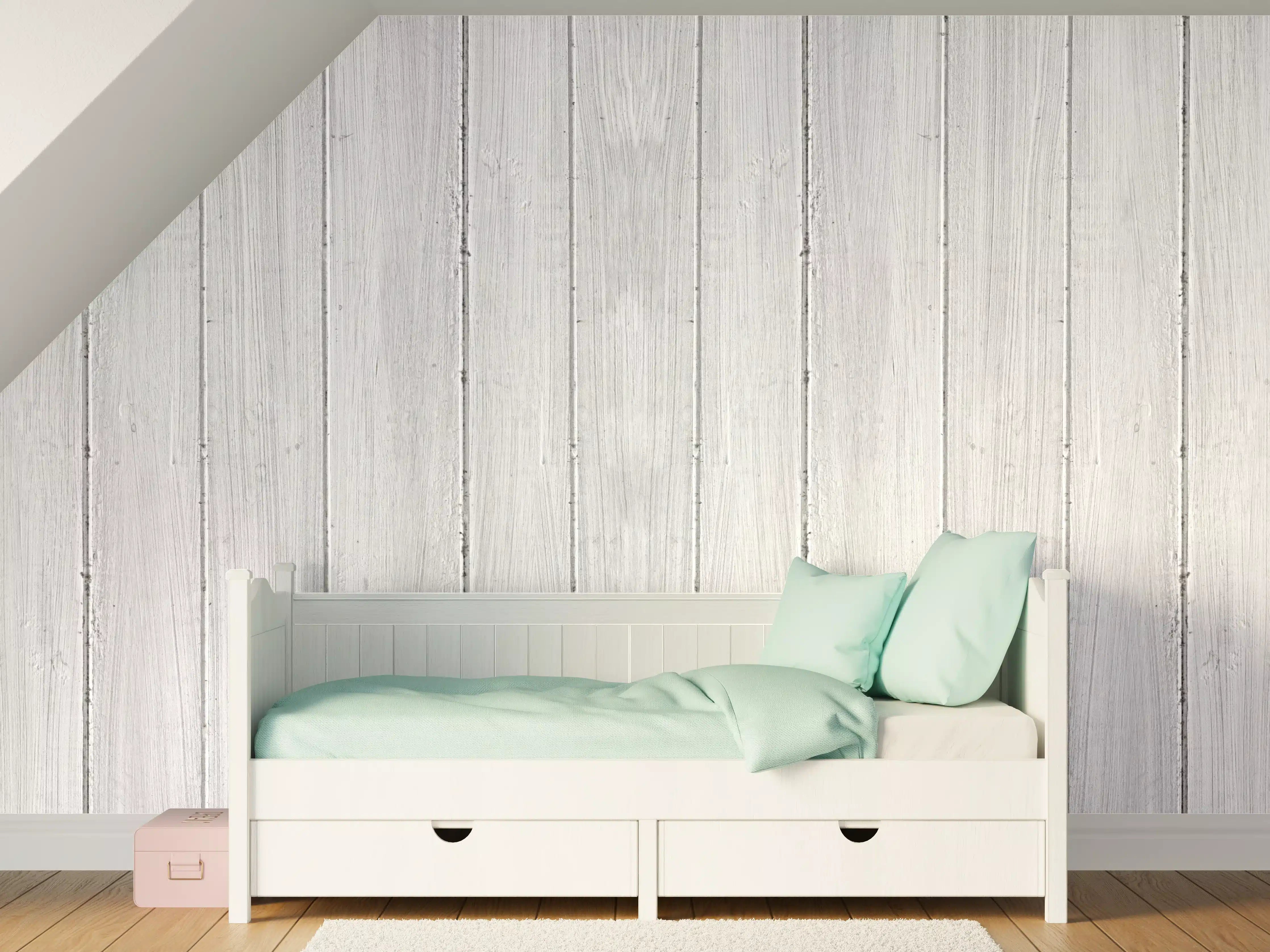 Kinderzimmer Wandgestaltung - Graue Holzmaserung mit Weiß-Optik
