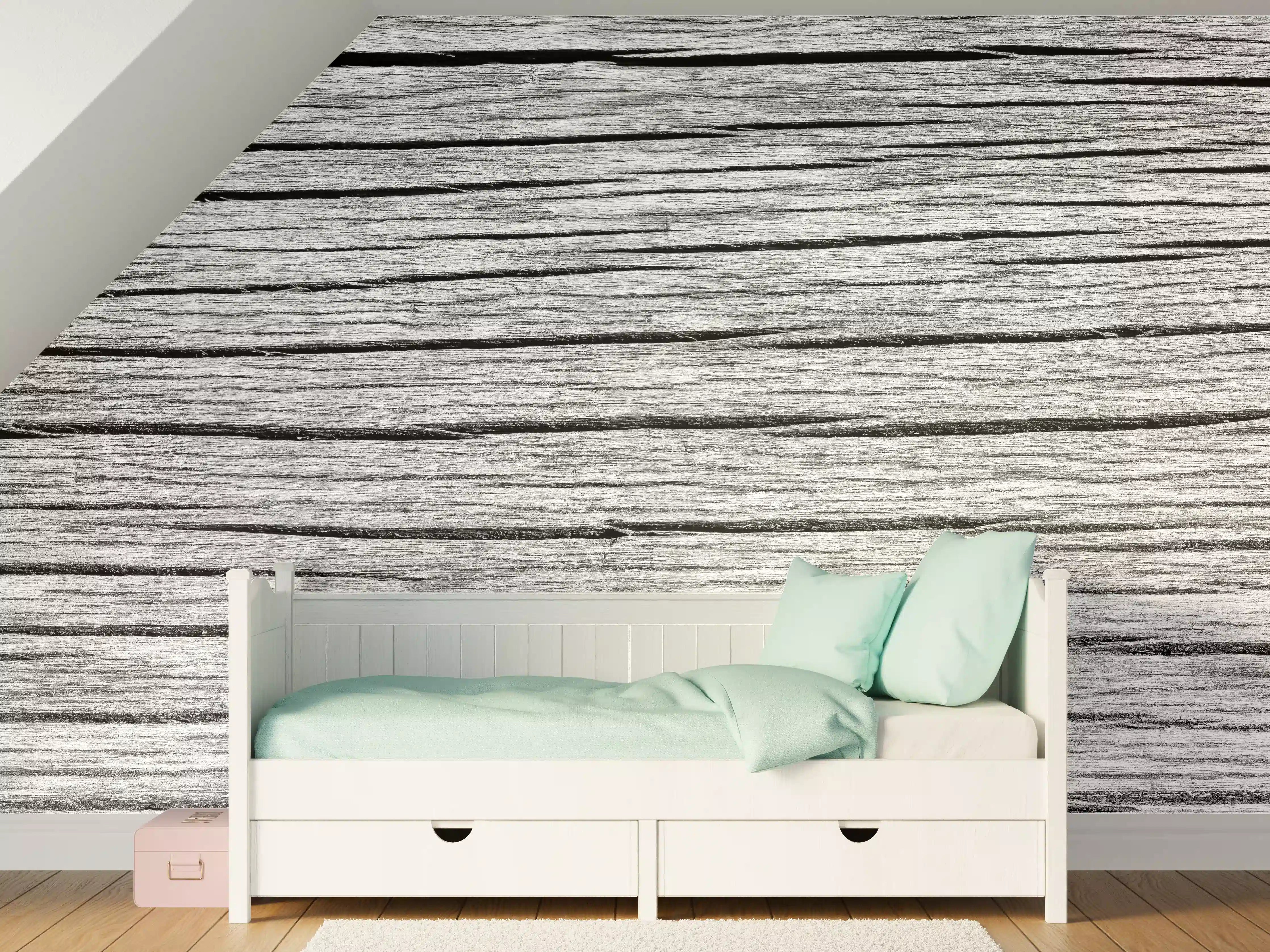 Kinderzimmer Wandgestaltung - Graue Holzmaserung mit feiner Textur