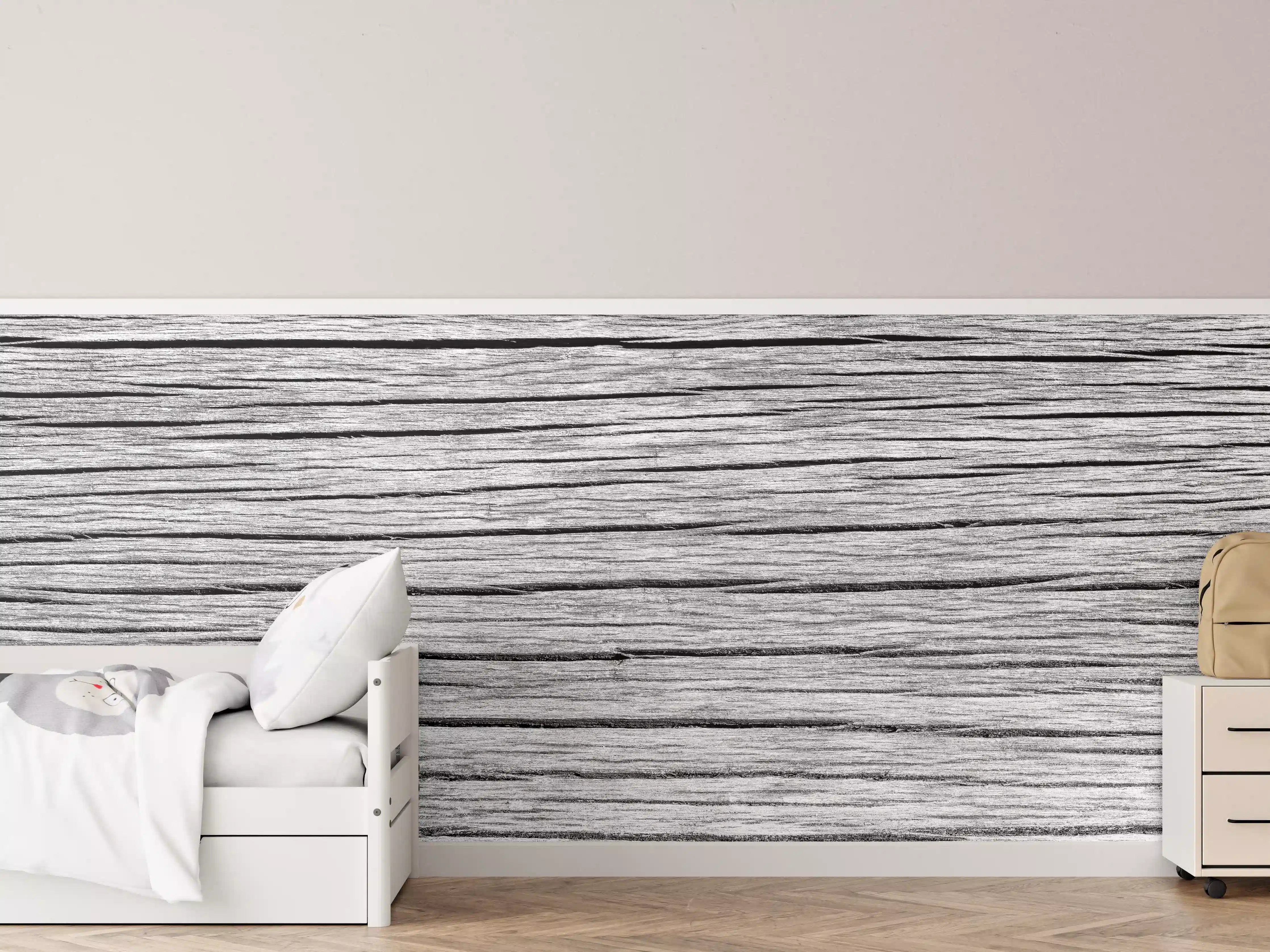 Kinderzimmer Wandgestaltung - Graue Holzmaserung mit feiner Textur