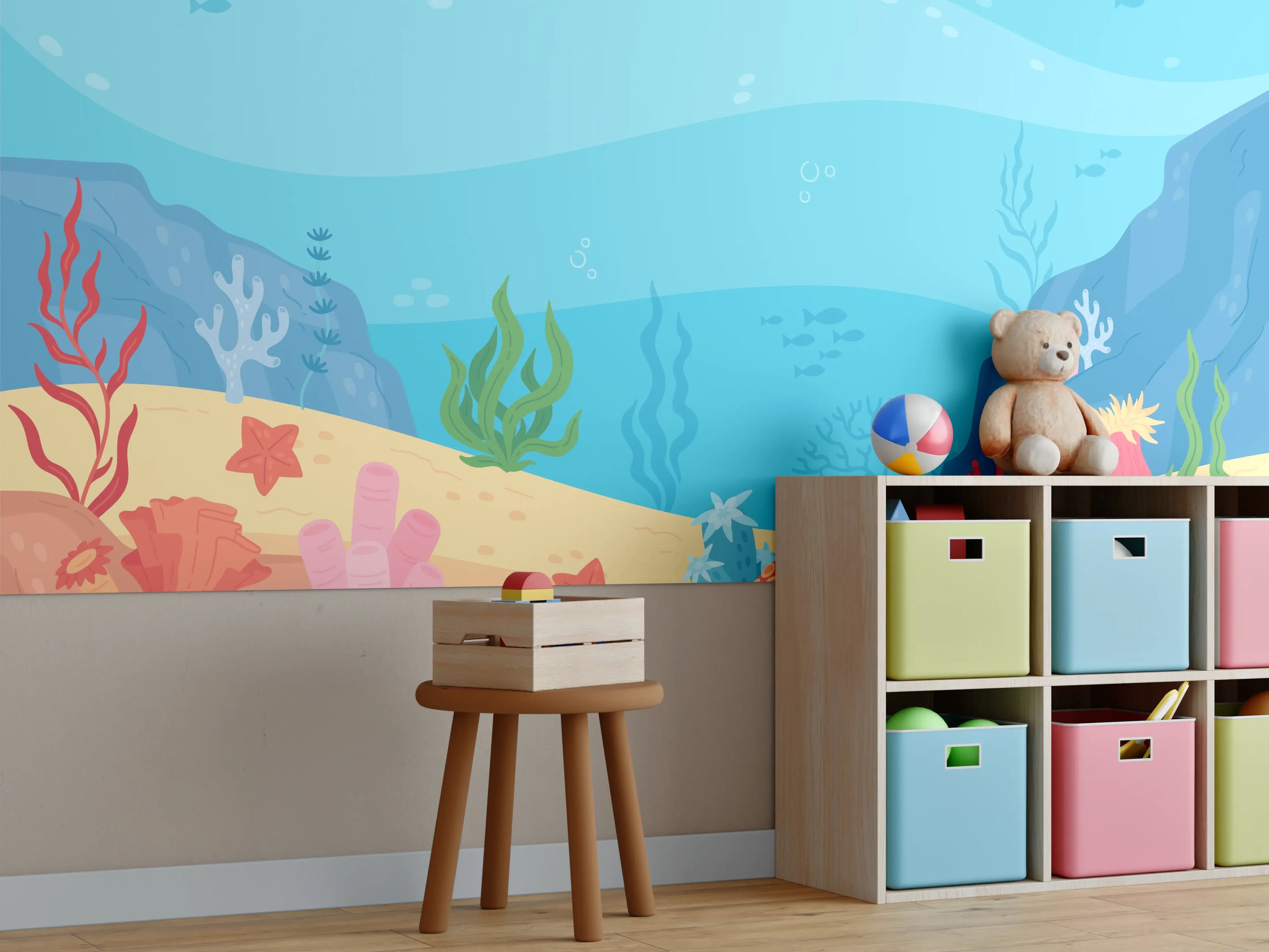 Kinderzimmer Wandgestaltung - Graue Meereswelt mit Korallen