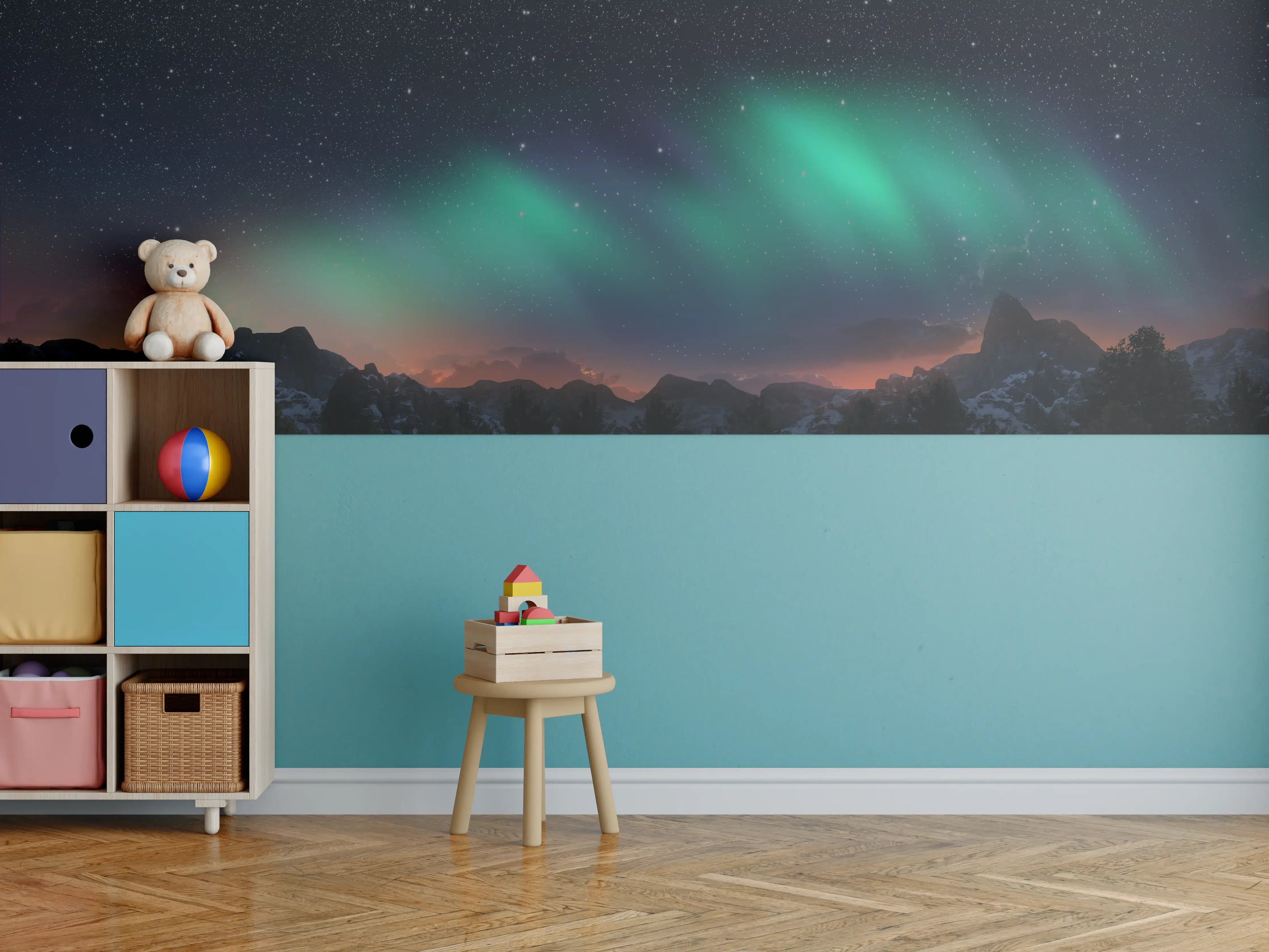 Kinderzimmer Wandgestaltung - Graue Nordlichter über Bergen