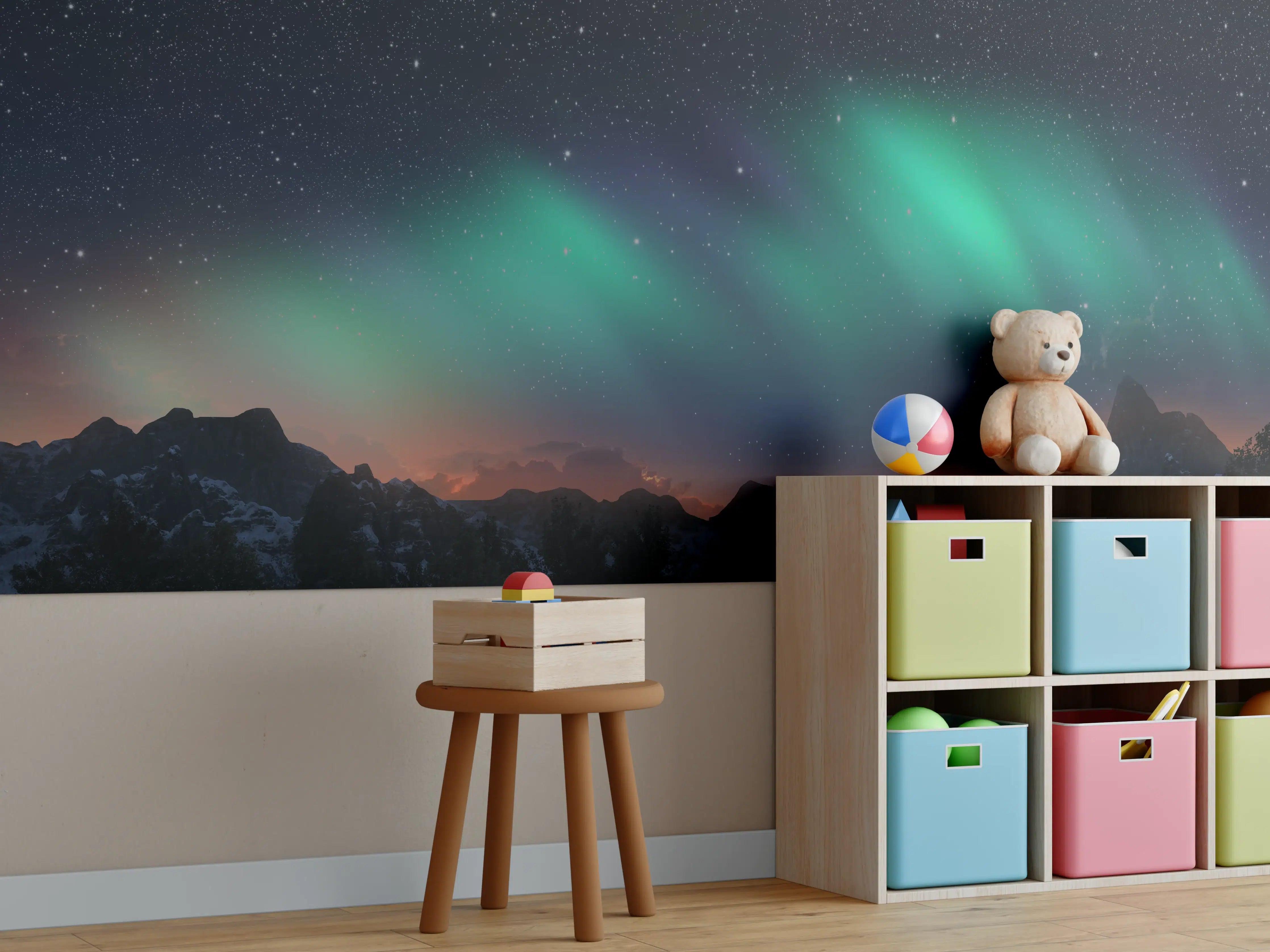 Kinderzimmer Wandgestaltung - Graue Nordlichter über Bergen