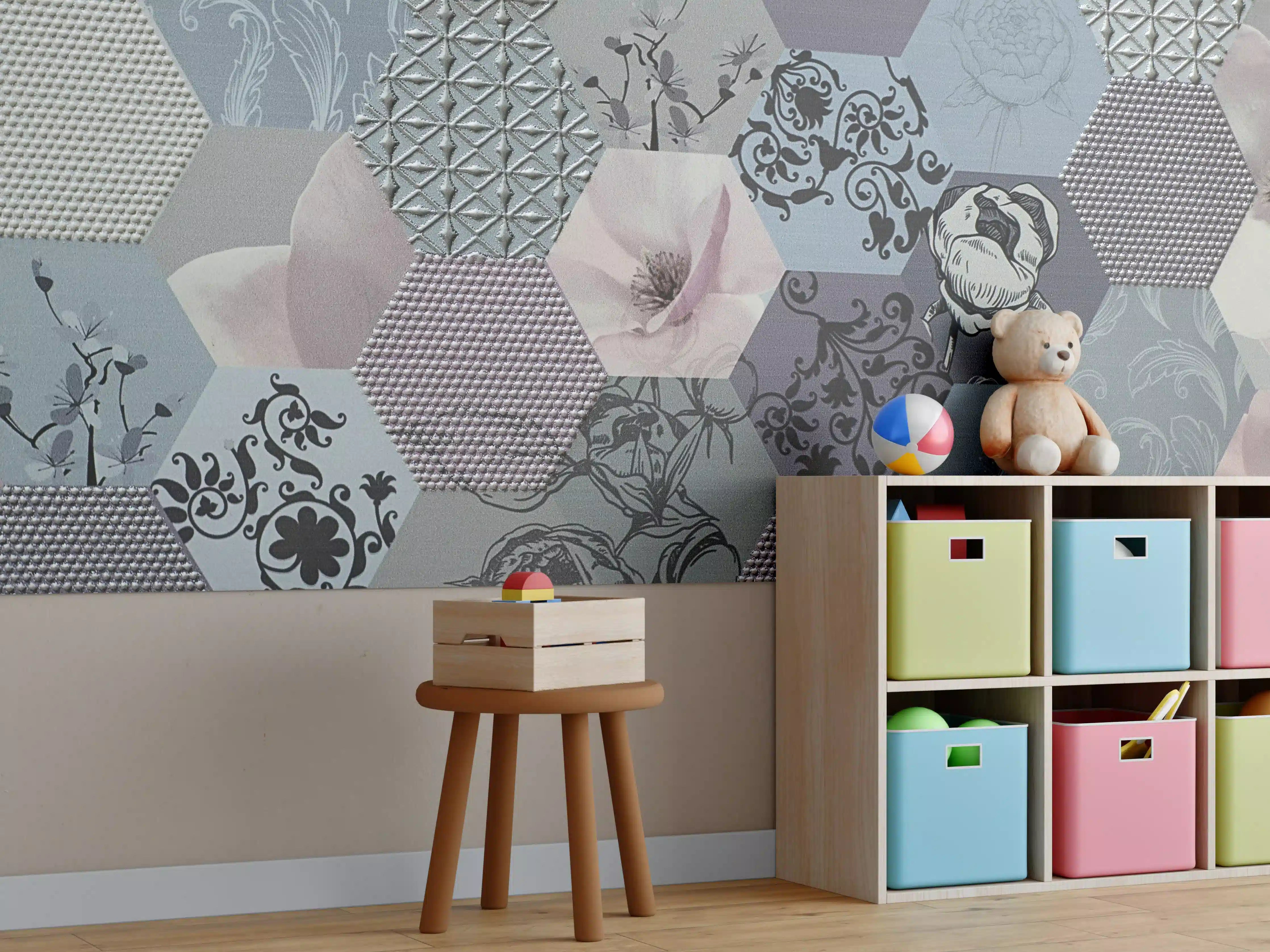 Kinderzimmer Wandgestaltung - Graue Pastellgeometrie