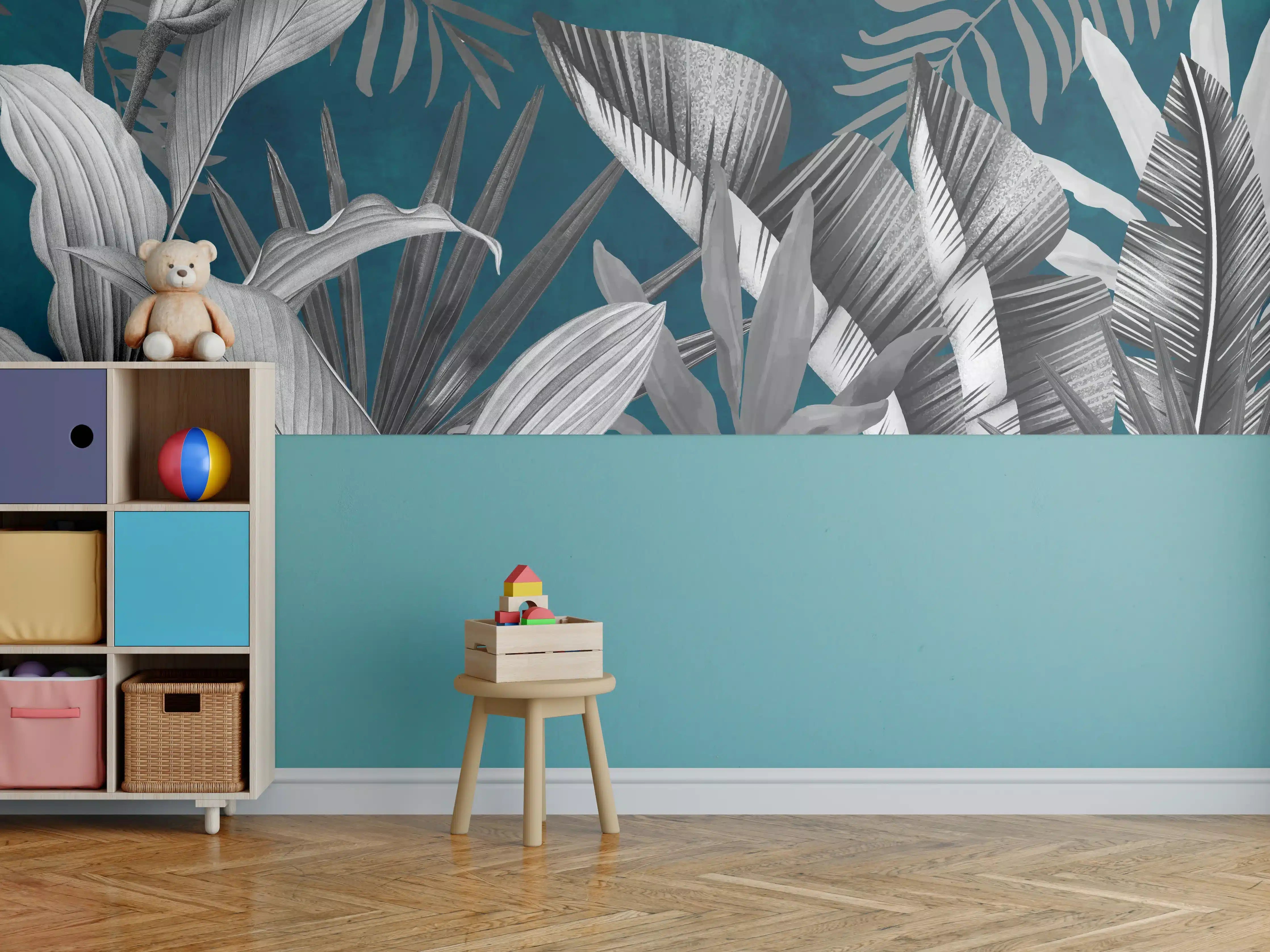 Kinderzimmer Wandgestaltung - Graue Pflanzen auf blauem Hintergrund