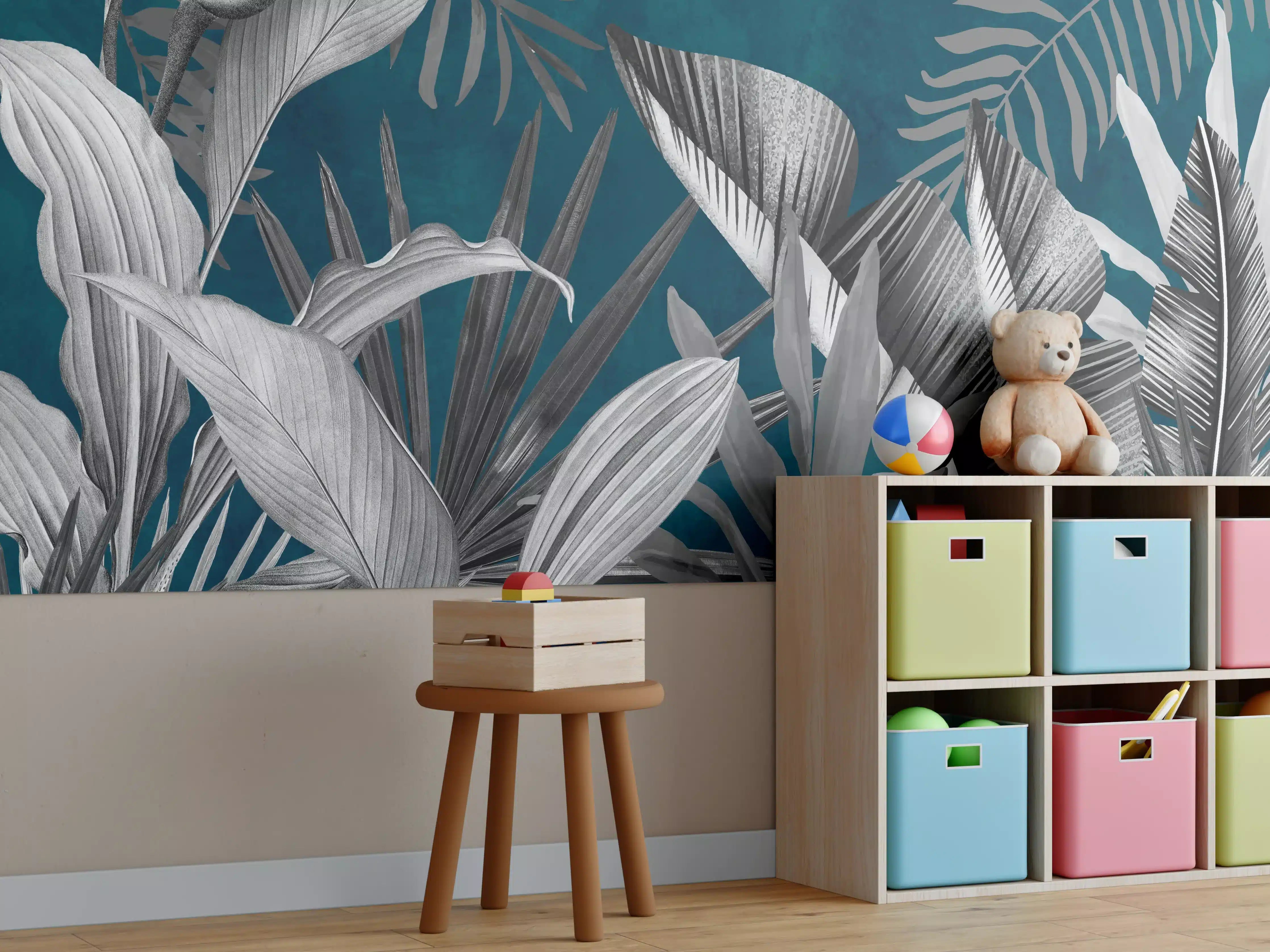 Kinderzimmer Wandgestaltung - Graue Pflanzen auf blauem Hintergrund