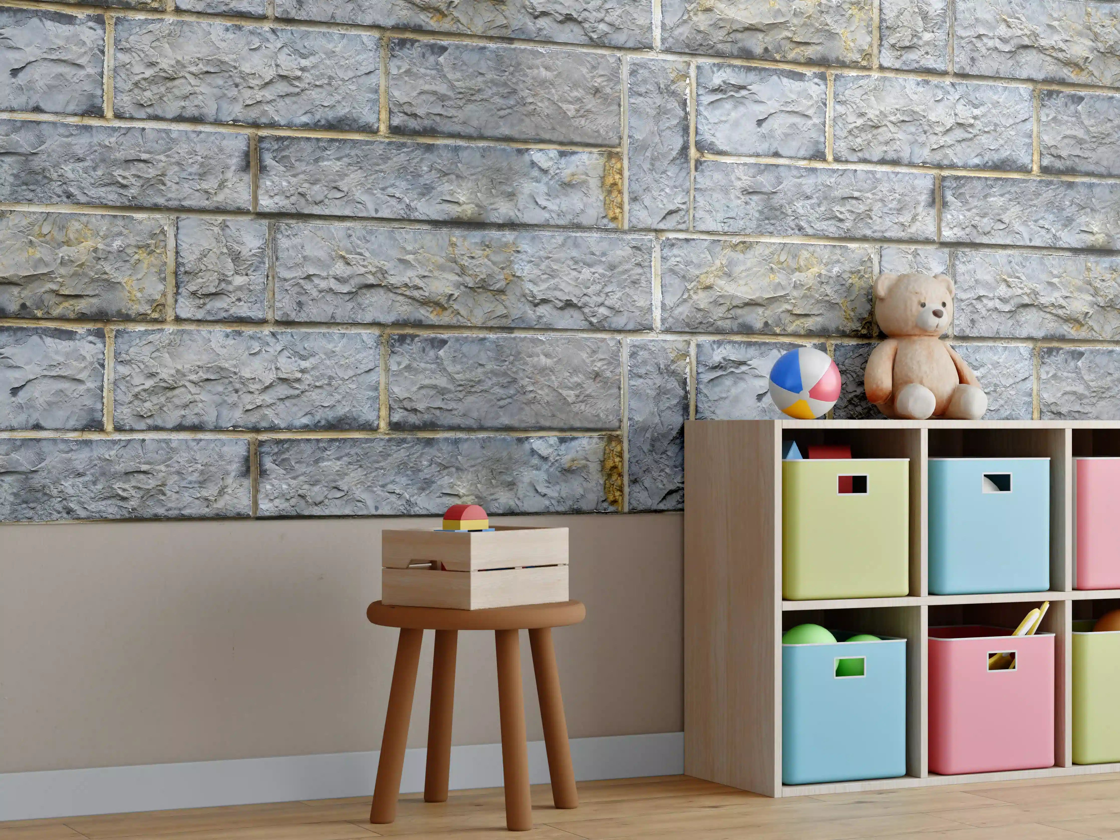 Kinderzimmer Wandgestaltung - Graue Schnittsteinmauer