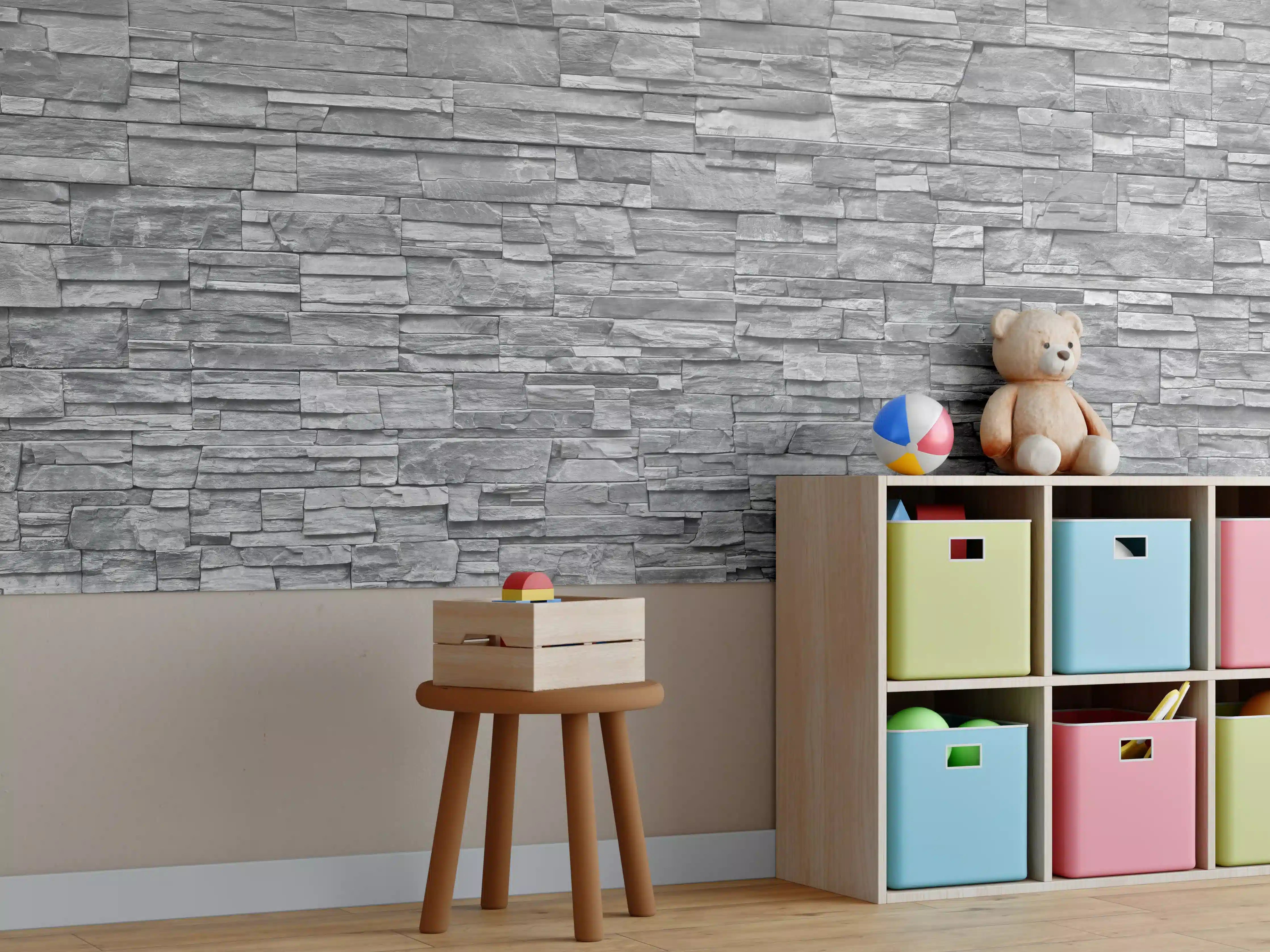Kinderzimmer Wandgestaltung - Graue Steinwand