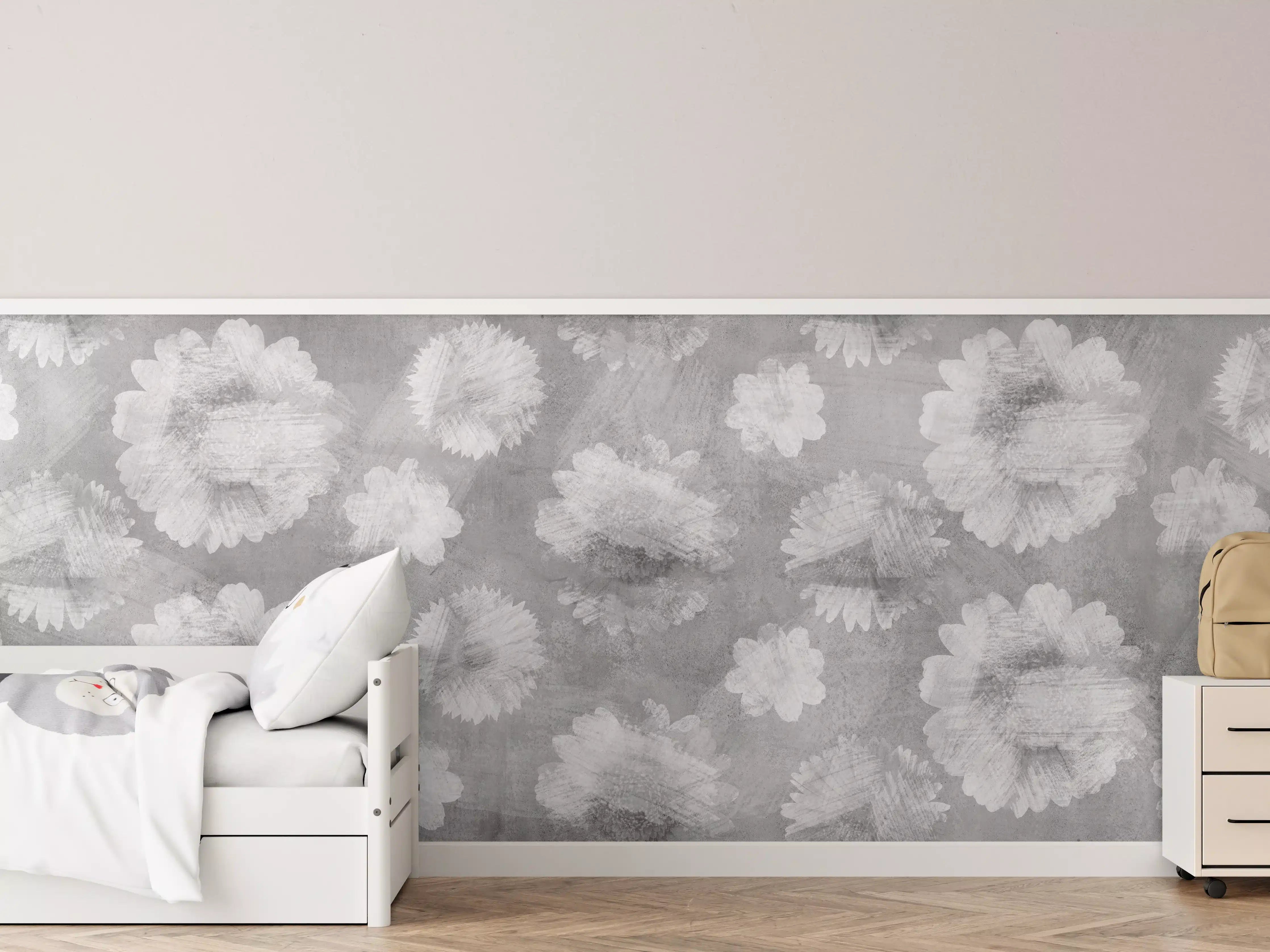 Kinderzimmer Wandgestaltung - Graue Zement Wand mit weißem Blumenmuster