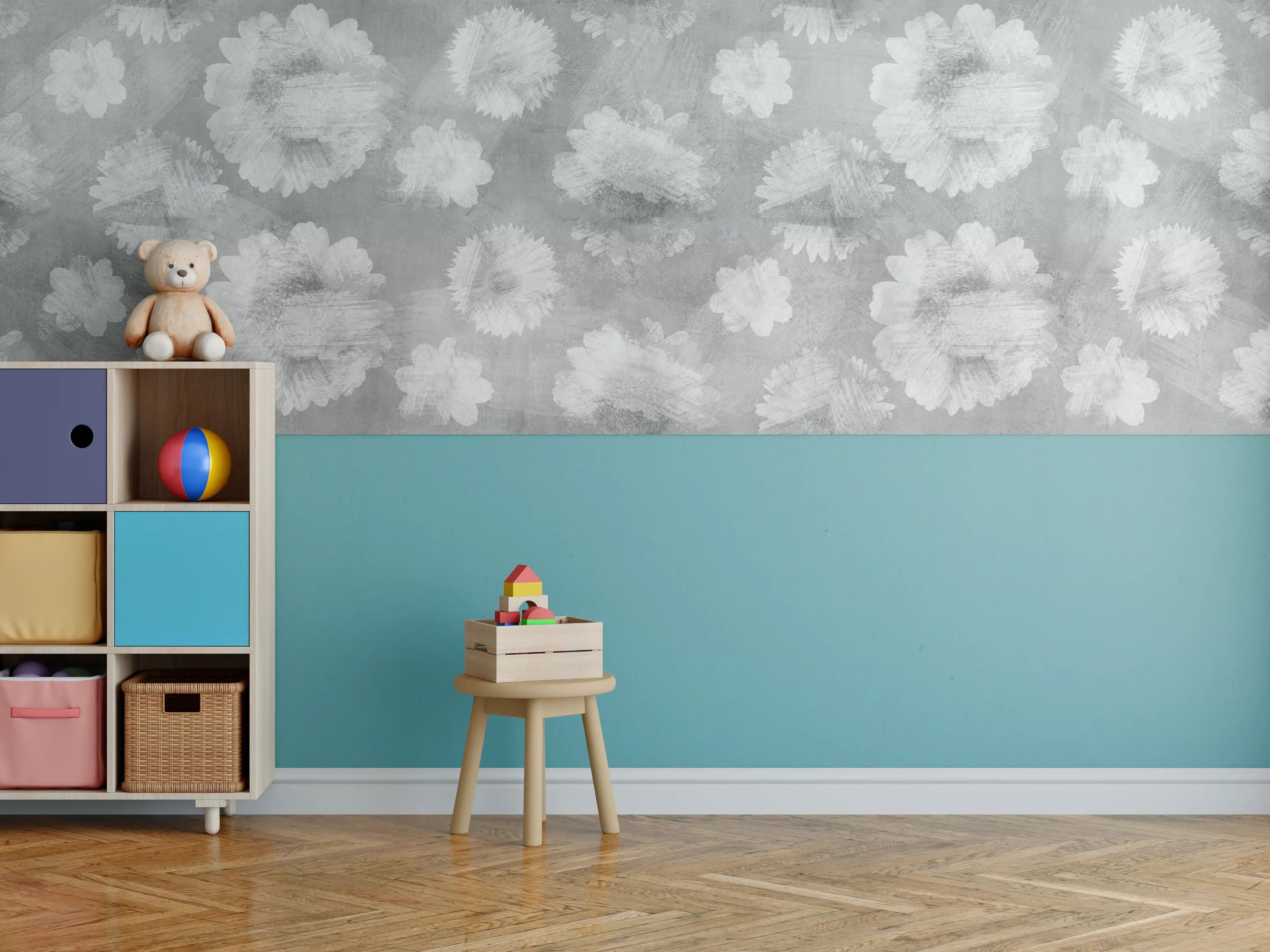 Kinderzimmer Wandgestaltung - Graue Zement Wand mit weißem Blumenmuster