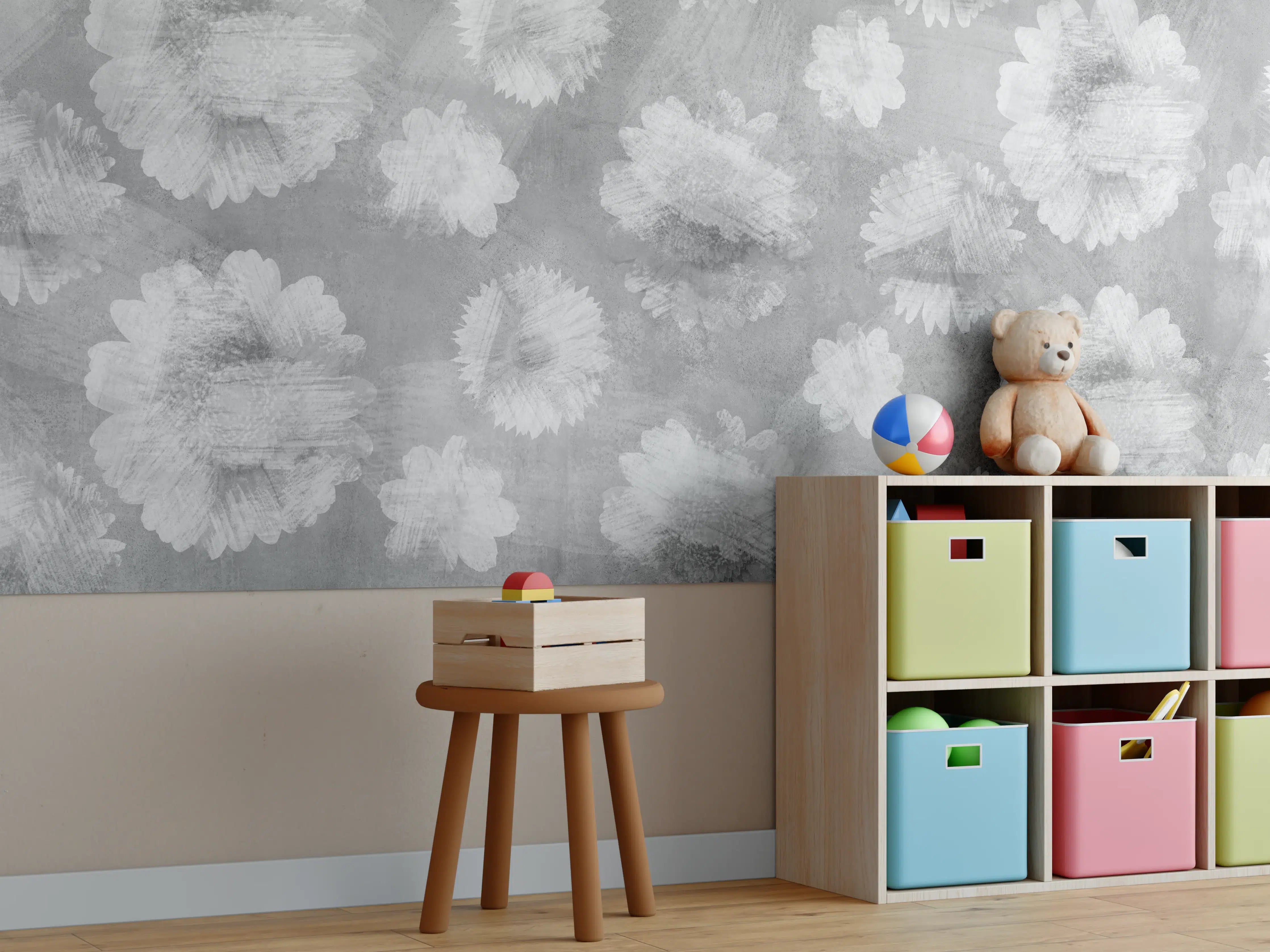 Kinderzimmer Wandgestaltung - Graue Zement Wand mit weißem Blumenmuster